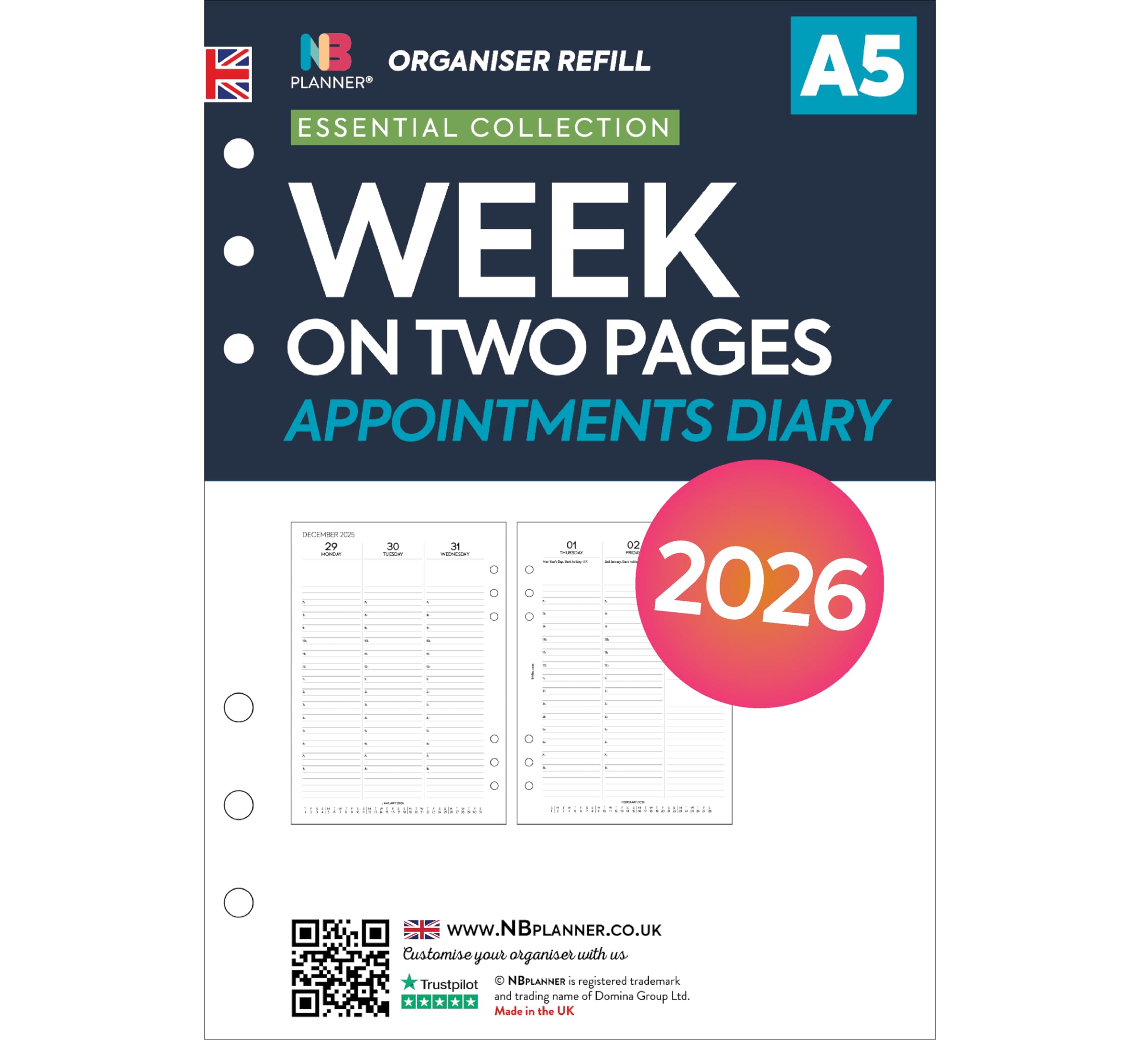 A5 2026 Week On Two Pages Diary Filofax A5 2026 Diary Refill - Week On ...