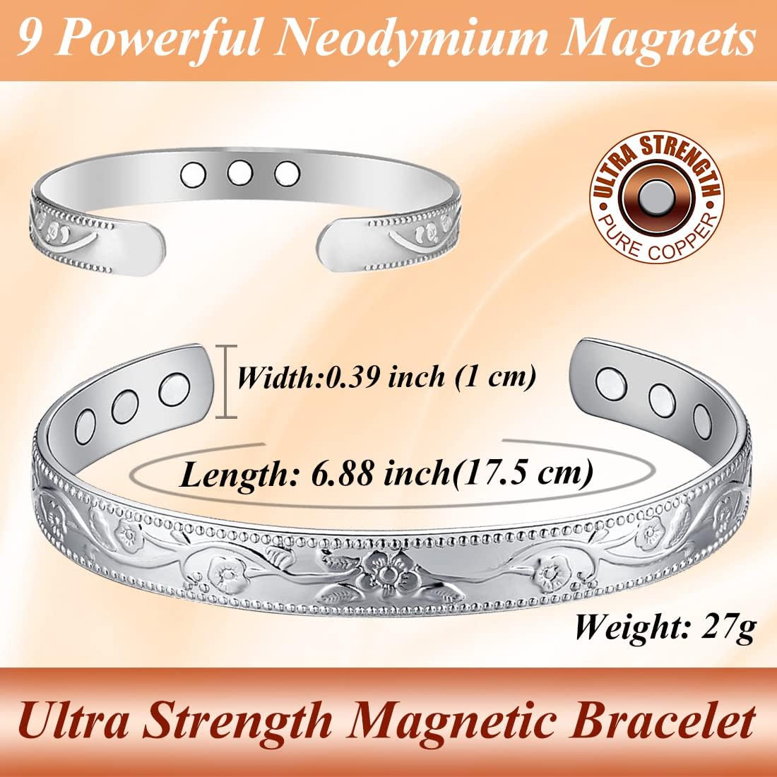 2PCS Copper Bracelets for Women Pure Copper Bracelet Cuff Bangle Strength Magnets Adjustable (Silver) - Image 3