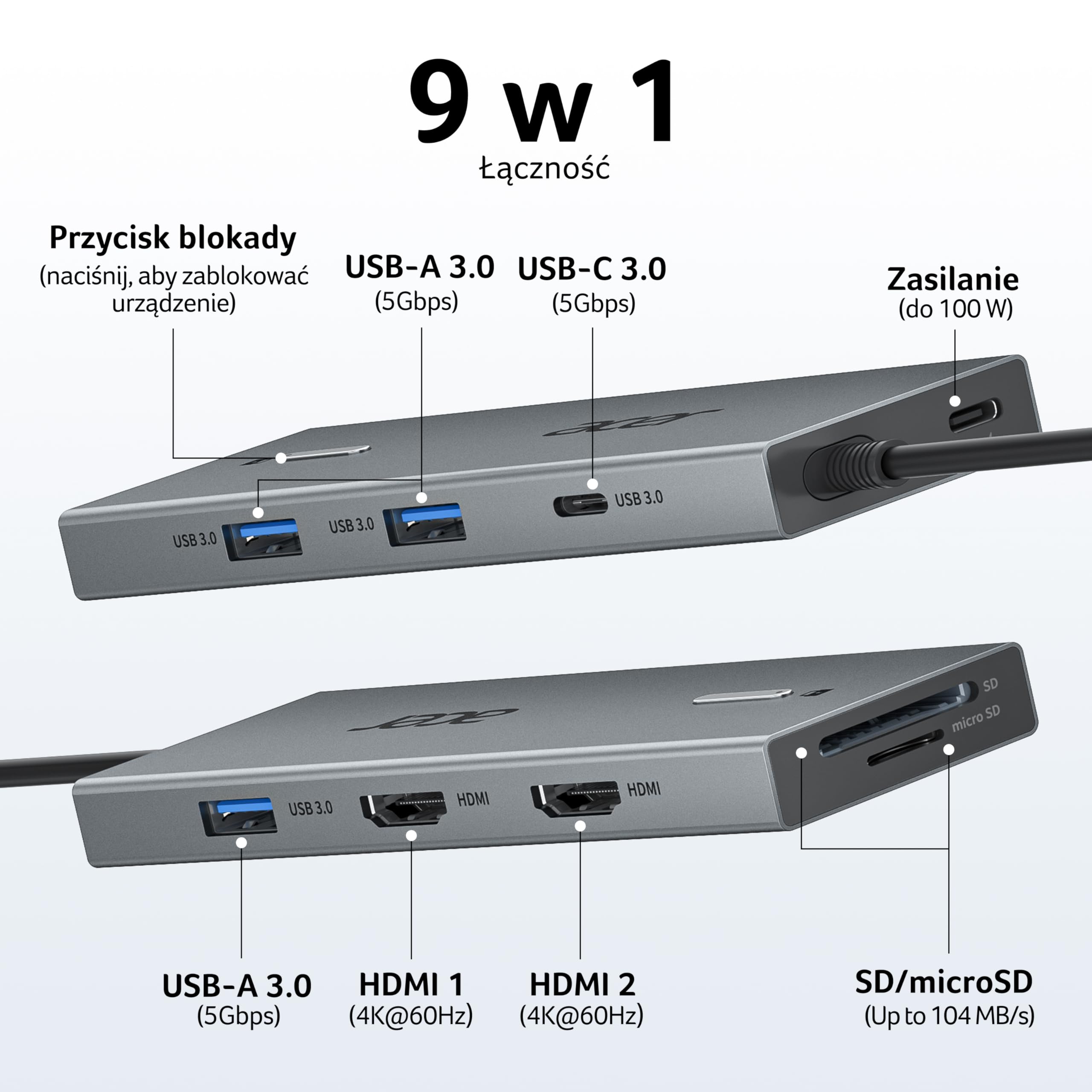 acer USB-C Hub 9w1, Stacja dokująca do laptopa z 4K@60Hz Dual HDMI, 3 USB-A 3.0 (5Gbps), port danych typu C, 100W PD, gniazdo na kartę SD/TF, do Acer, laptopów, MacBooka, iPada, Surface, XPS itp.