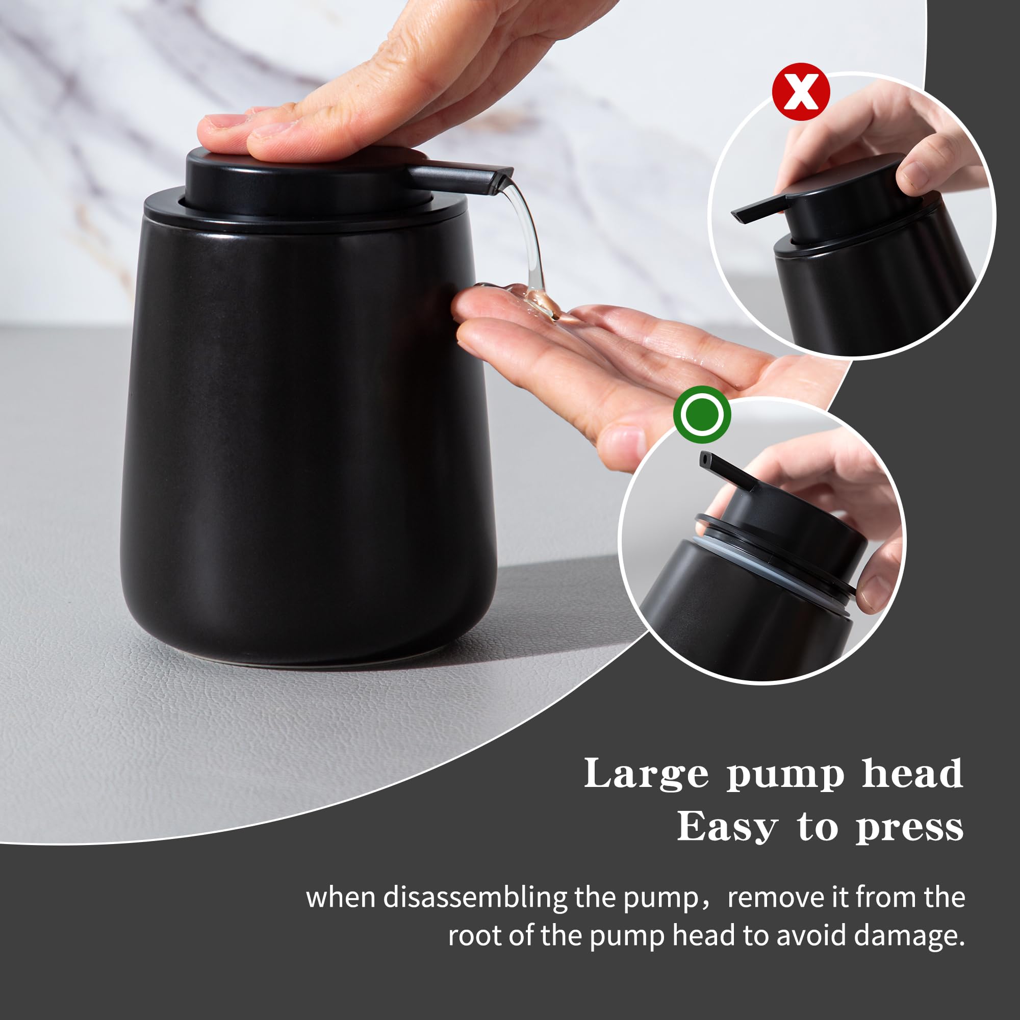 Enra Dispensador de jabón negro, dispensador de loción de manos de cerámica de 12 onzas, dispensador de jabón para platos recargable, dispensador de jabón líquido moderno para baño, cocina con bomba