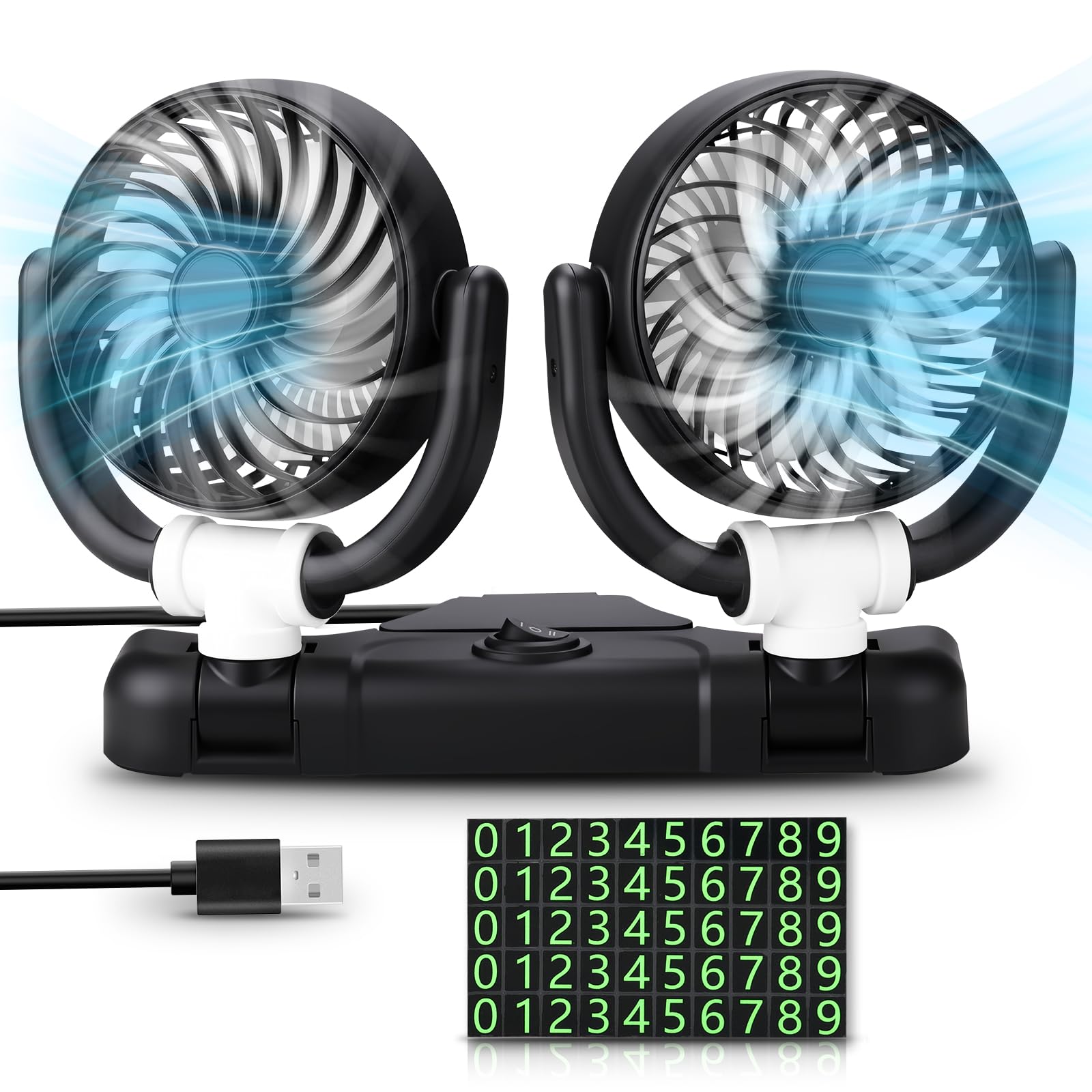 D-Lumina Ventilatore per auto, girevole a 360°, doppia testa, 12 V, con USB, 2 velocità, aria condizionata, per SUV, camper, ATV, barca, auto, targa con adesivo gratuito