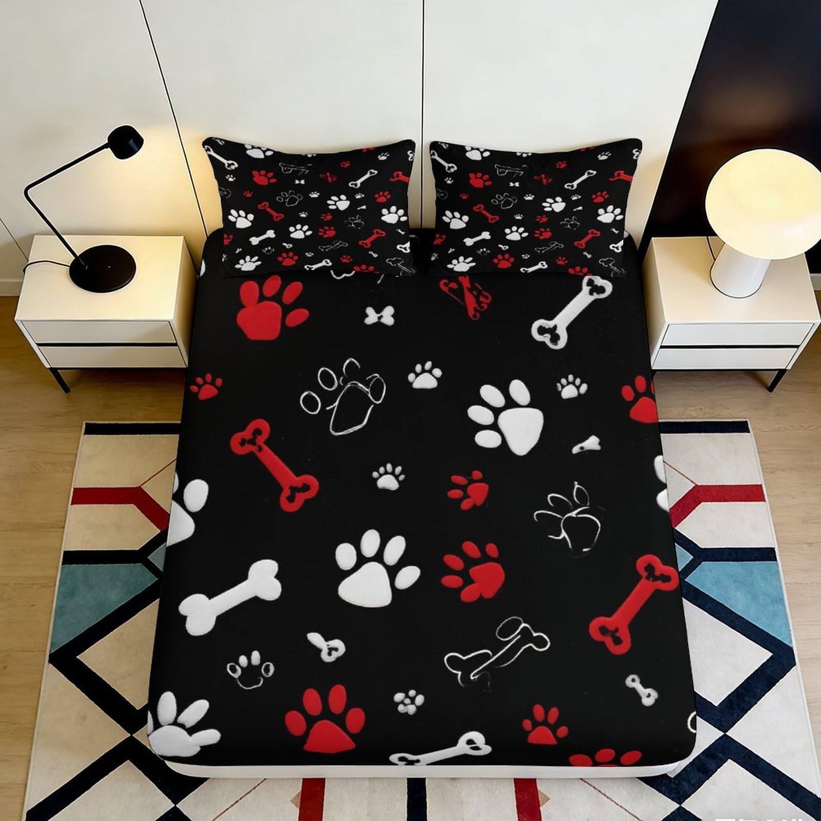 3D Printed Paw Print Fitted Sheet Microfiber Soft Durable Bone Pattern Mattress Cover for Bedroom Dormitory Guest Room Mattress Protection Decor 90x200x25cm