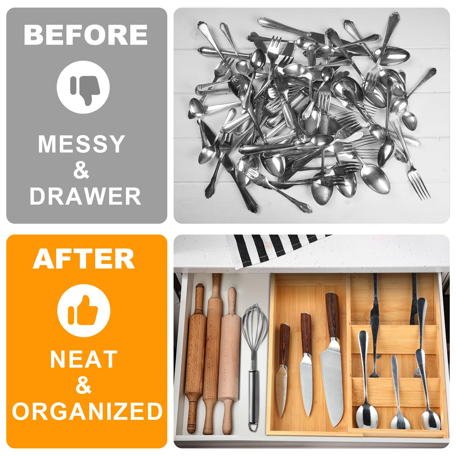 Organizador de cajones de cocina, organizador de cajones de cubiertos de bambú con bandeja expandible para utensilios de cocina, organizador compacto de cajones para tenedores, cucharas,
