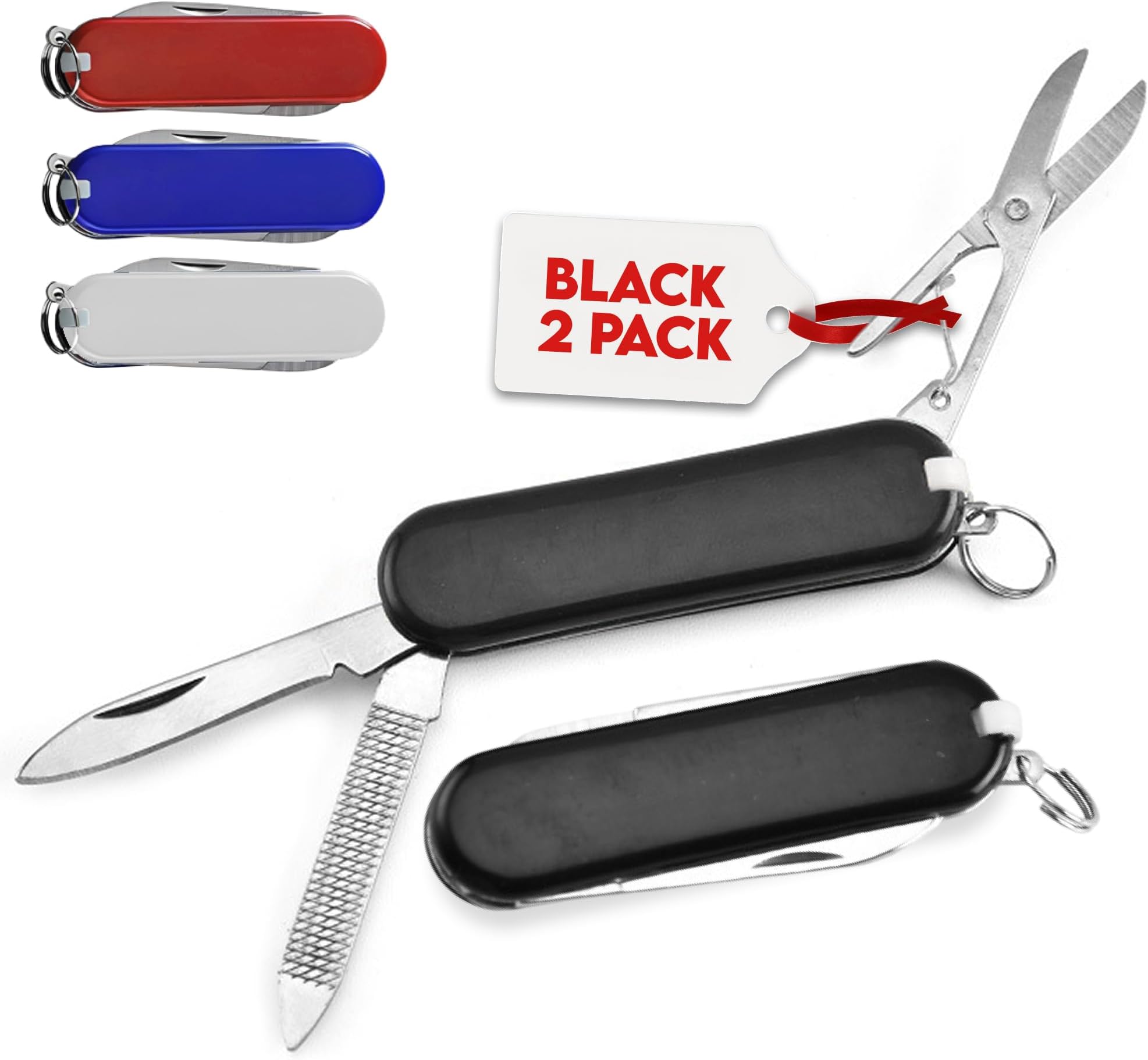 Holden USA Mini Keychain Pocket Multi Tool 5-in-1, Black 2 pack Folding Blade with Scissors, File, Tweezers, Toothpick & Key Ring, Compact 2.3”, 0.7 oz