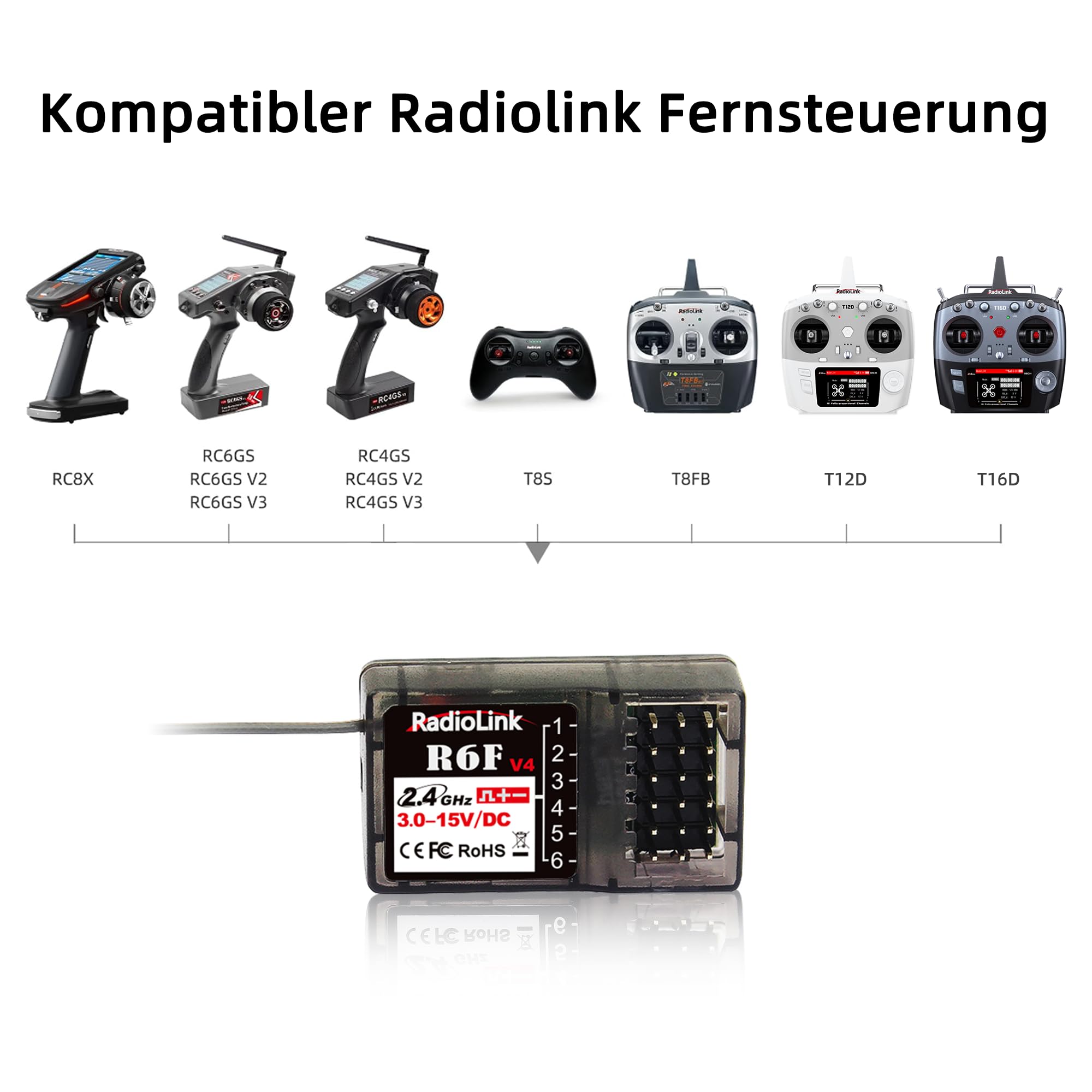 Radiolink Ricevitore R6F RC 2.4 GHz 6 canali, Ampia Portata Fino a 400 m, per Auto Barche Compatibile con RC6GS V3/RC4GS V3/T8FB/T8S/RC8X/T16D/T12D