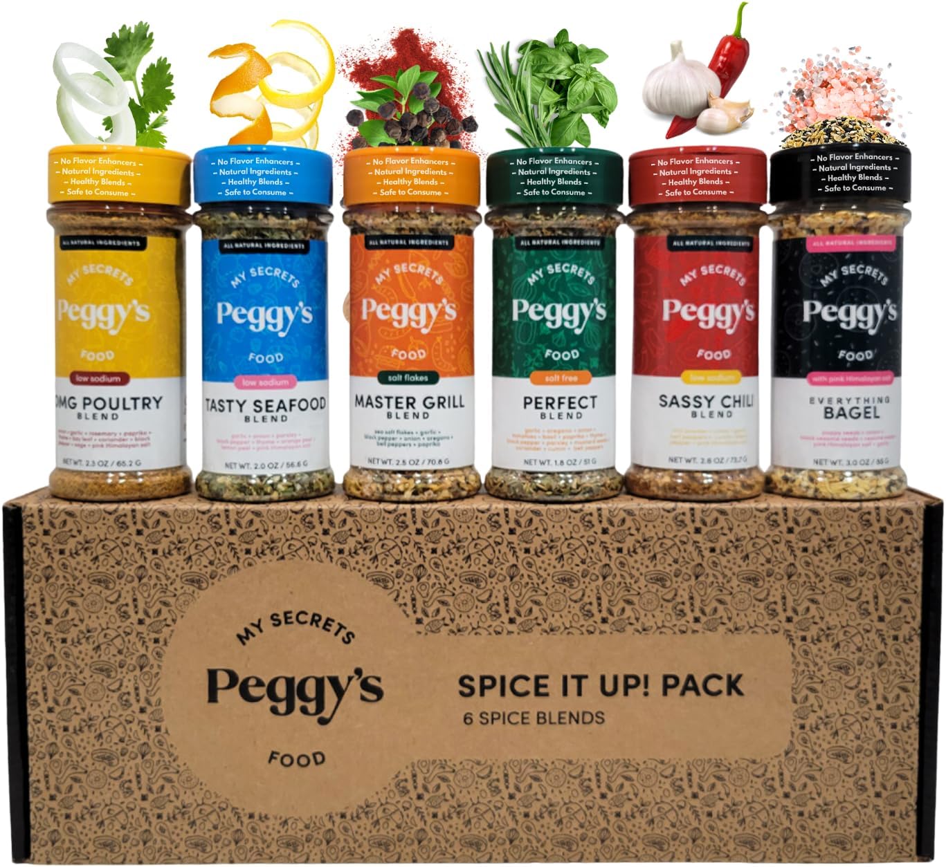 - My Secrets Peggy’s Food Spice It Up Pack Seasoning Jars Set of 6 – Ultimate Kitchen Set for Grilling Roasting or Baking – Set Gift Box – Complete Culinary Spice Kit