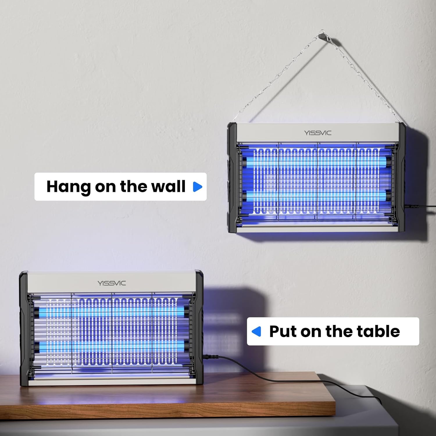 YISSVIC Electric Bug Zapper shown hanging on a wall and placed on a table