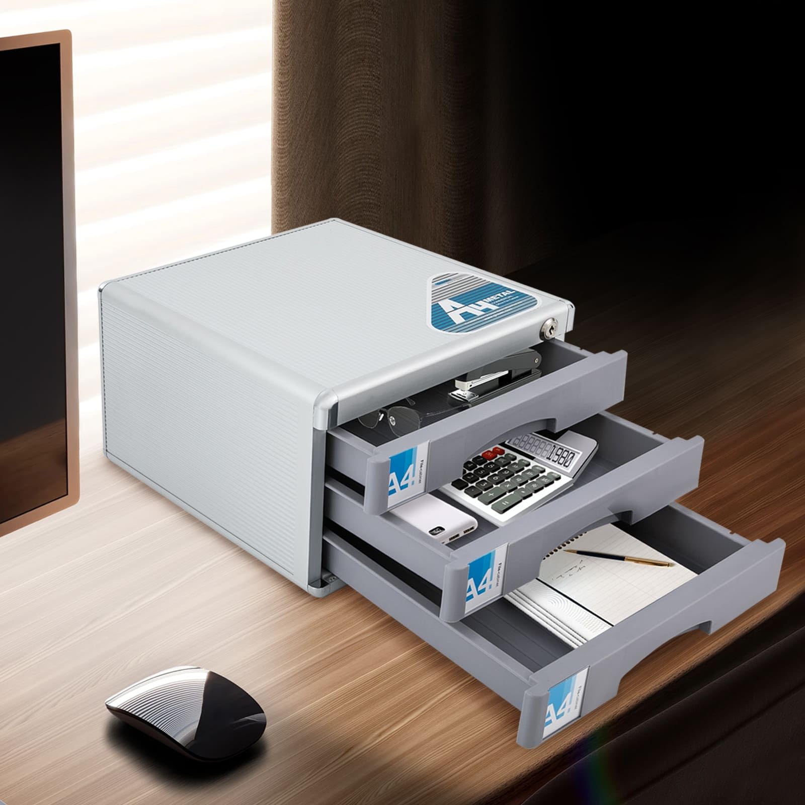 Organizzatore da scrivania in lega di alluminio a 3 livelli, scatola di immagazzinaggio file con cassetti e chiavi, bloccabile, ideale per riporre forniture per ufficio