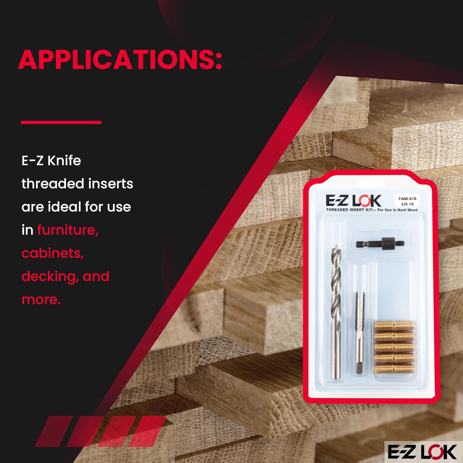 E-Z LOK Threaded Insert Installation Repair Tool Kit for Hard Wood - Includes Brass Thread Inserts, Drill, Tap and Drive-Tool 3/8-16 - 1.00" Length (EZ-T400-610)