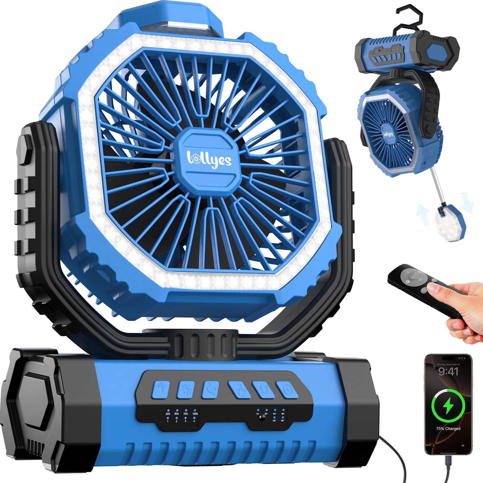 Outdoor Camping Fan with Light, 20000mAh Battery Powered, Rechargeable Portable Fan with Remote Control and 360° Rotating Hook, 4 Speeds for Indoor, Traveling, Tenting, RVing, Fishing, Beach (Blue)