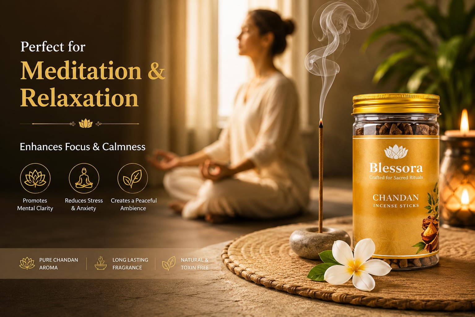 Blessora Incense Sticks - Chandan Bambooless Smokeless Agarbatti for Pooja Meditation & Home Fragrance (45 Sticks, 100g) 3