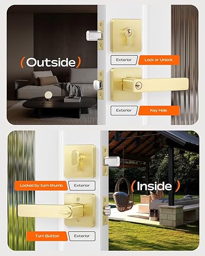 Miniatura 4 de Leydebong Juego de 1 cerradura de palanca de puerta exterior con llave igual con cerrojo de un solo cilindro, perilla de puerta con cerradura y