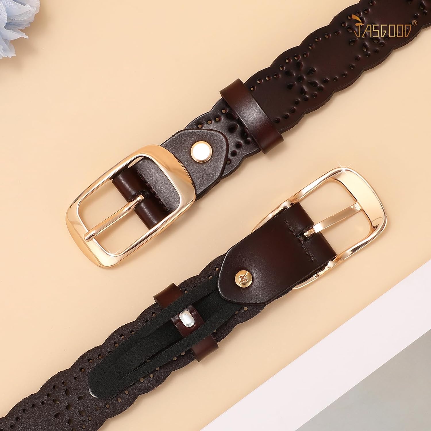 JASGOOD Leather Belt for Women Hollow Flower Leather Belt for Jeans Pants Fashion Waist Belt with Gold Buckle - Image 5
