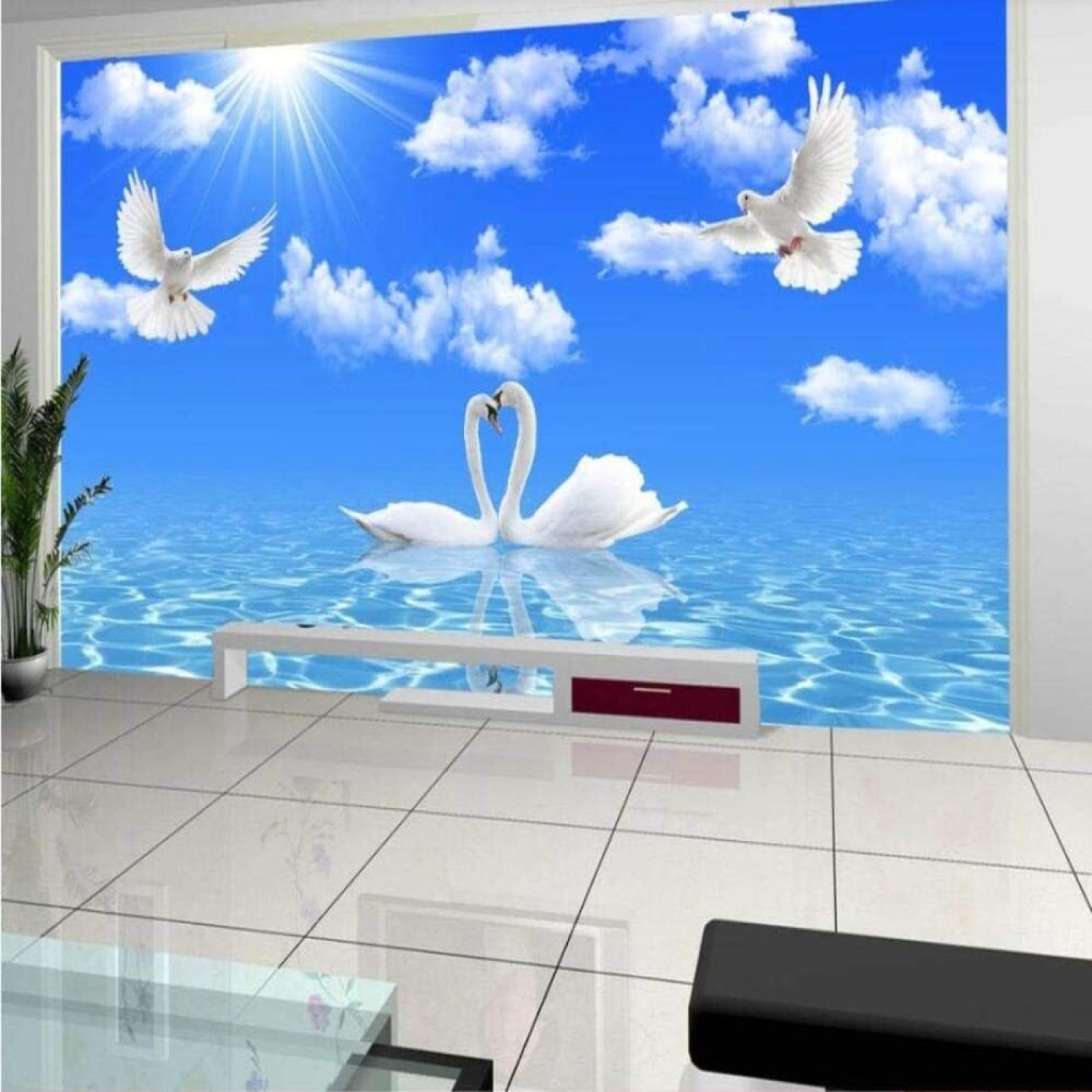 Papel pintado 3D de cisnes para ampliar visualmente habitaciones pequeñas y salones oscuros