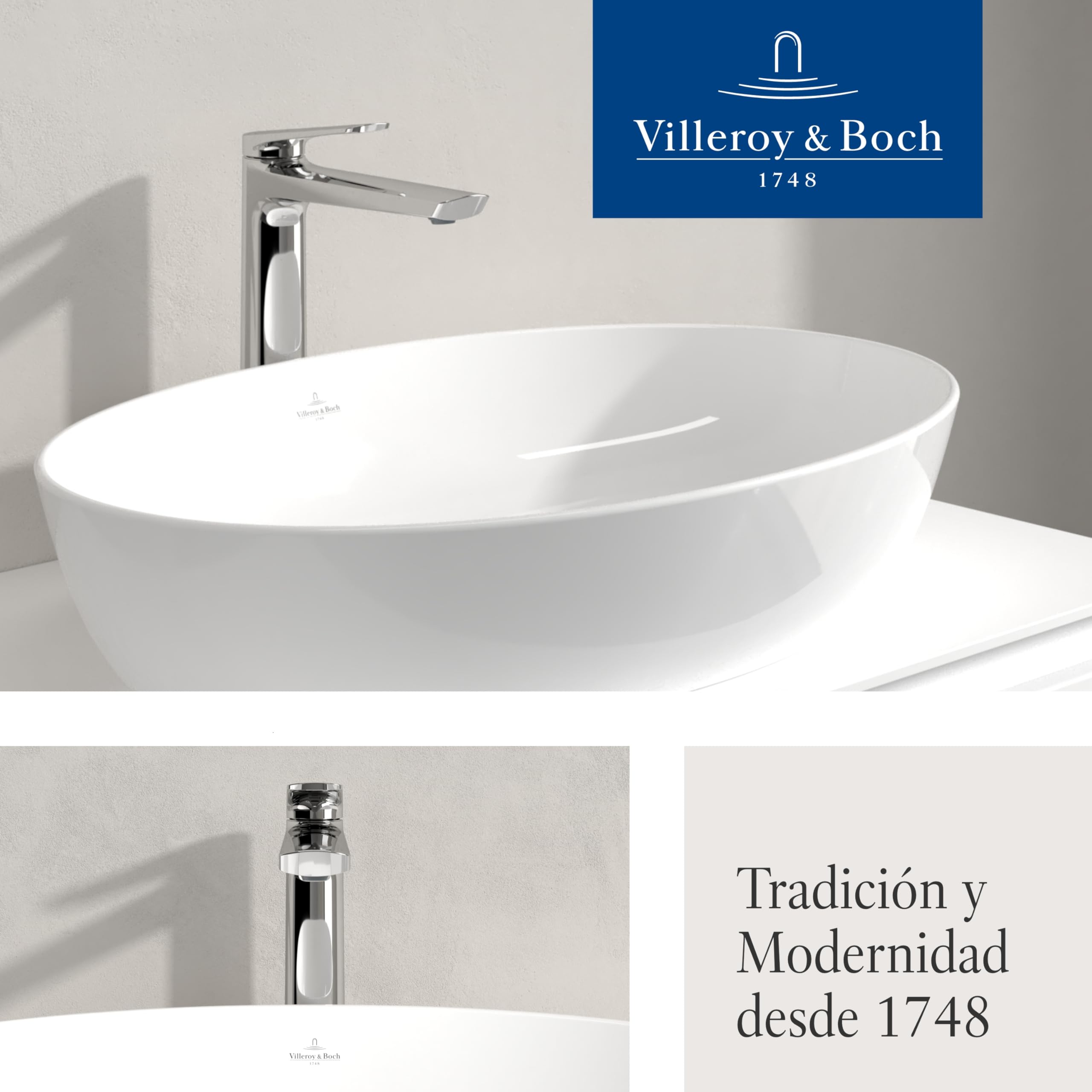 Villeroy & Boch Oasis grifo de lavabo, altura de caño 245 mm – Cromo | Sin válvula de desagüe, bajo consumo, cartucho cerámico, diseño redondo moderno, TVW11500200161