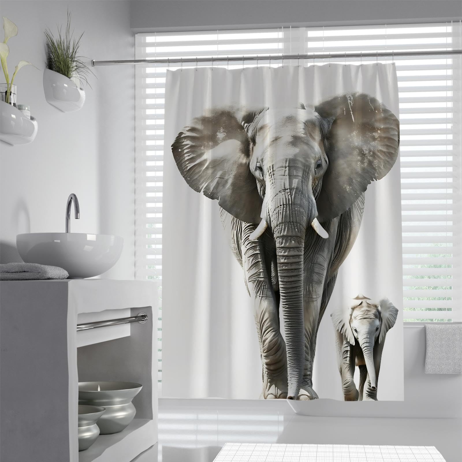 Rideau de Douche à thème Tendre de la Nature Éléphant Mignon et bébé éléphant Motif Rideaux pour la décoration de la Salle de Bain Tissu imperméable Lavable W180xL200(cm)