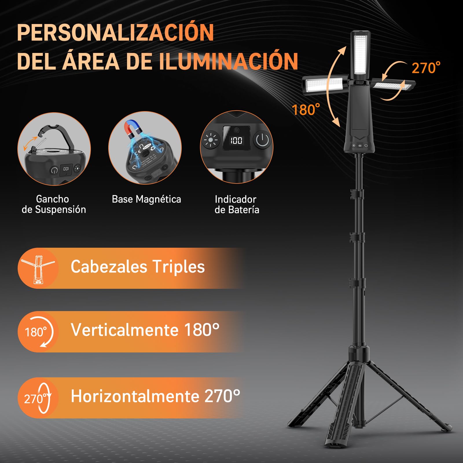 Adewalk 15000 mAh Foco LED Recargable con Trípode, 5500 LM Foco Exterior Batería, Luz Recargable Portátil Impermeable IP65, 5 Modos Lámpara de Trabajo Ajustable para Construcción Taller Camping