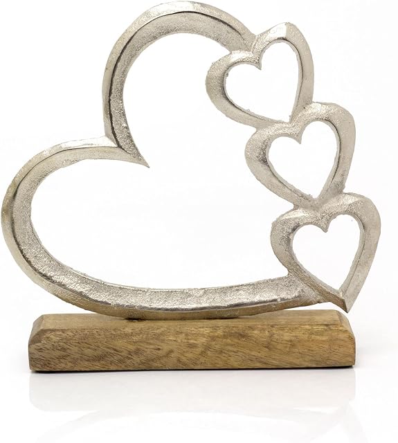 Carousel Home 20cm Elegant Silver Metal Heart Ornament | Silver Love Hearts On Wooden Base Sculpture | Love Heart Ornament Valentines Anniversary Wedding Gifts