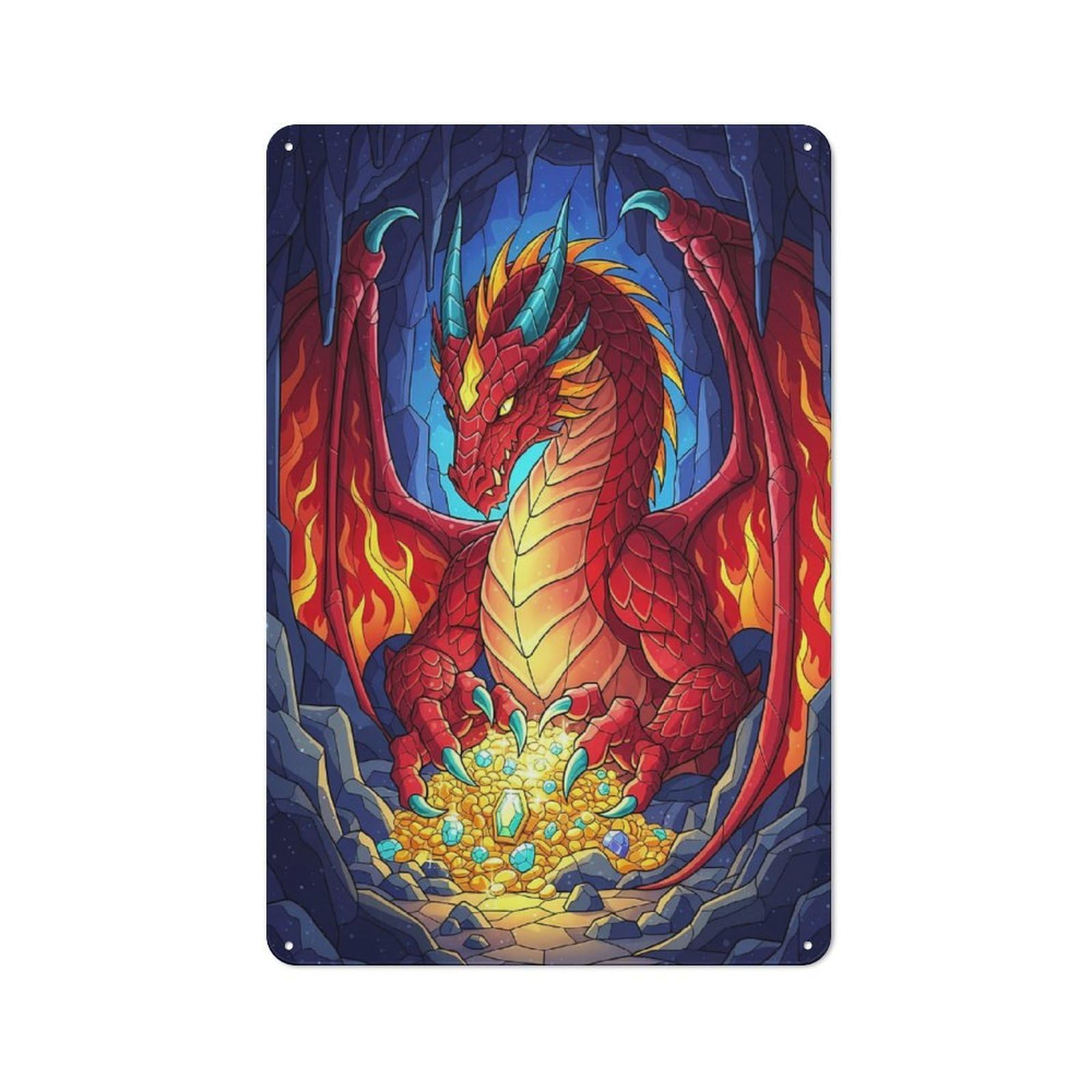 Junmoney Style-14 Tin Wall Plaque 30X20cm With Red Dragon Hoarding Treasure In Cave For Workshop Wall, Housewarming Wall Decor For People Furnishing Workshop
