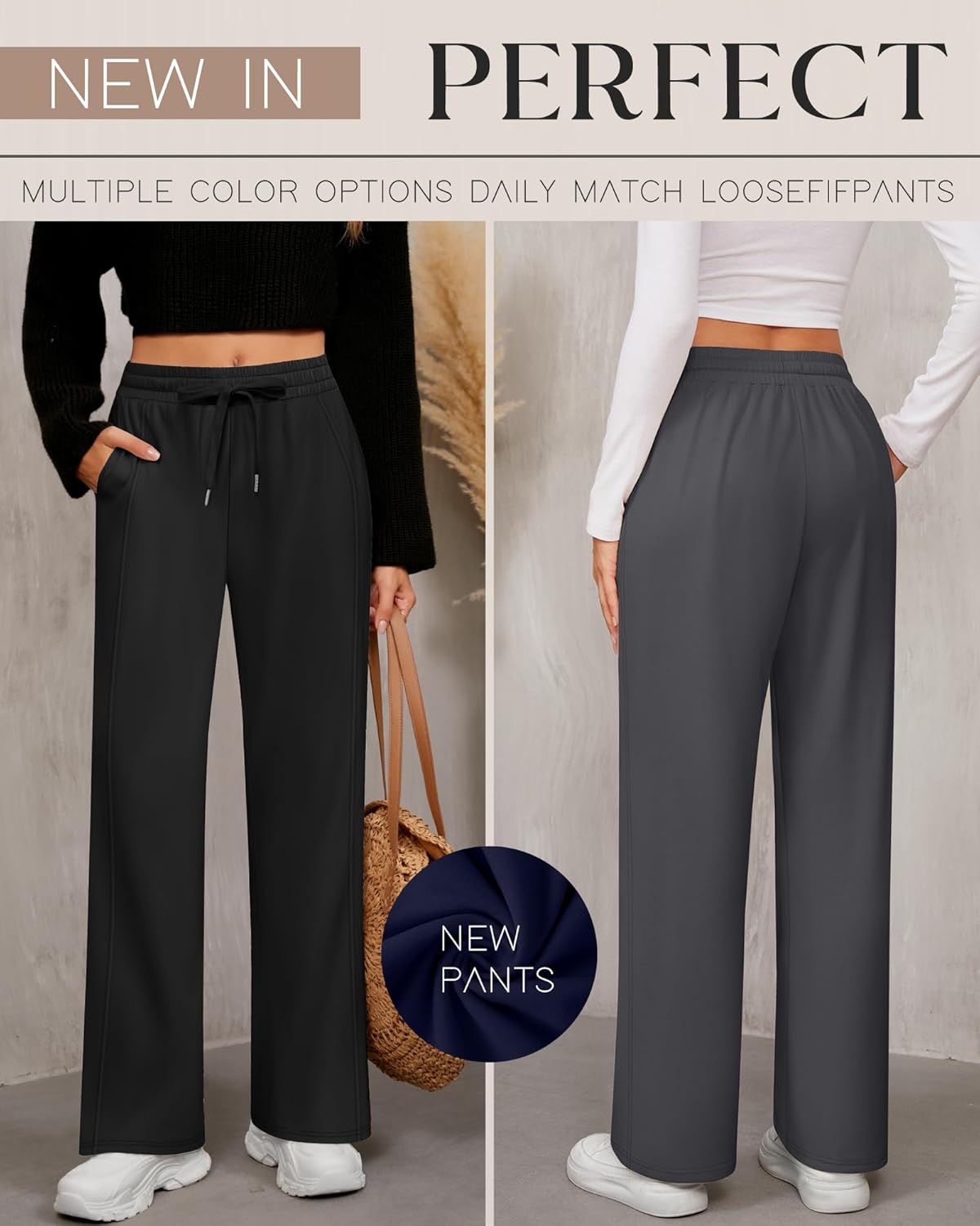 2 Pack Women's Wide Leg Pants Casual Drawstring High Waist Sweatpants Baggy Trousers Joggers Pant with Pockets