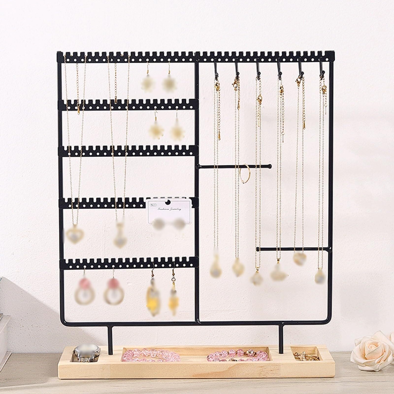Espositore per gioielli a 5 livelli, in ferro, con ganci e base scanalata per organizzare collane, bracciali e accessori