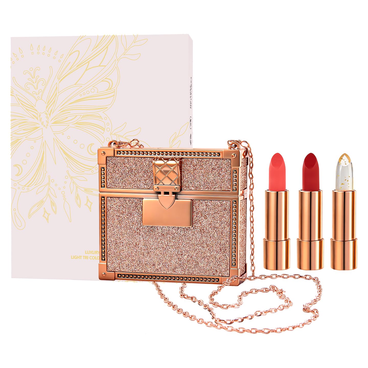 Newvenper Matte Lipstick Set 3 Colors Lip Stick with Sliver Chain Bag Package Velvet Lip stick Set Waterproof Non-Stick Cup Long Lasting Retractable Red Lipstick Set 3.5gx3 Pcs white