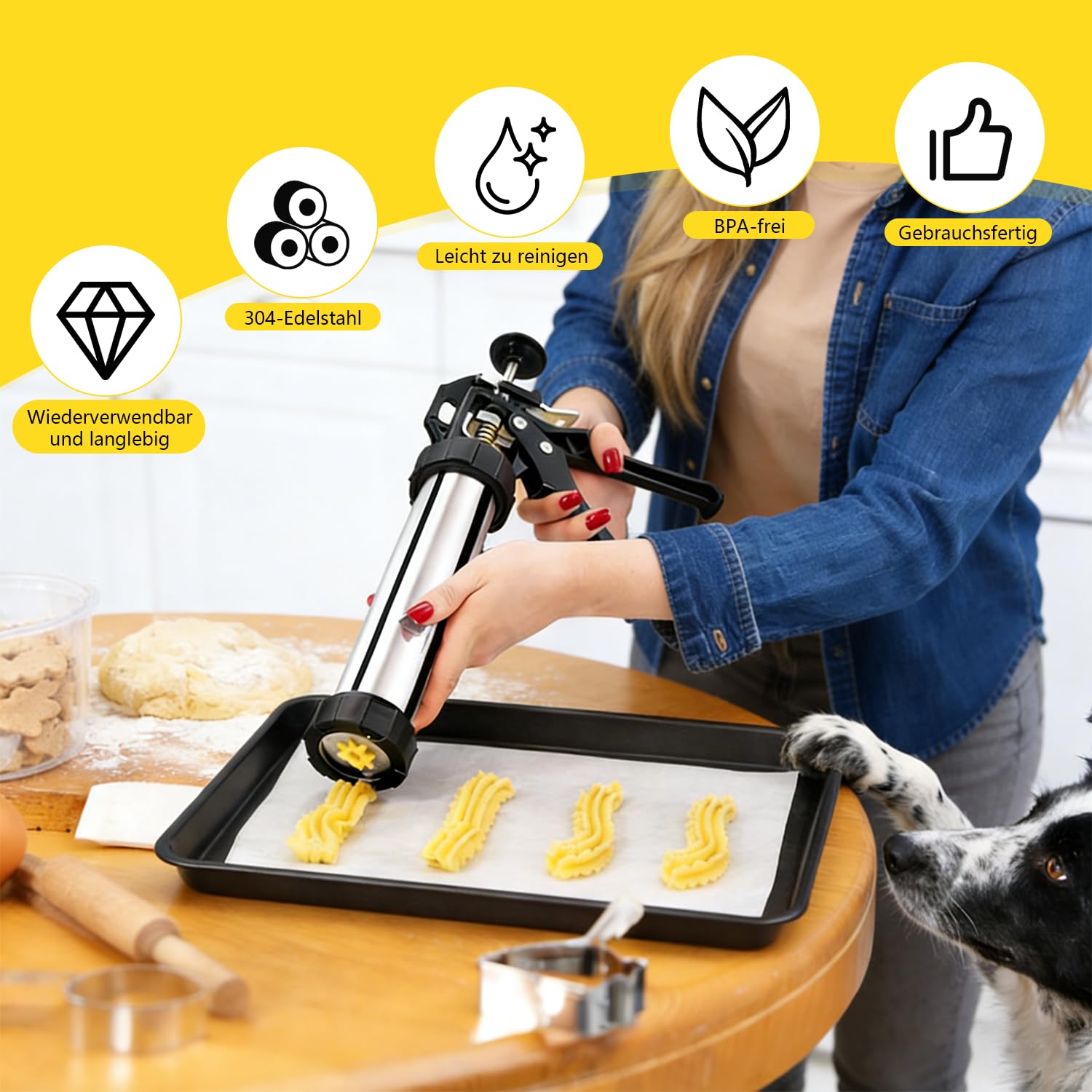 Churro Maker Edelstahl Gebäckpresse, Spritzgebäck Presse mit 10 Schablonen und 7 Edelstahl Tüllen, Teigspritze Kekspresse Gebäckspritze, Plätzchenpresse Backzubehör für Kuchen Dessert Cookie Presse