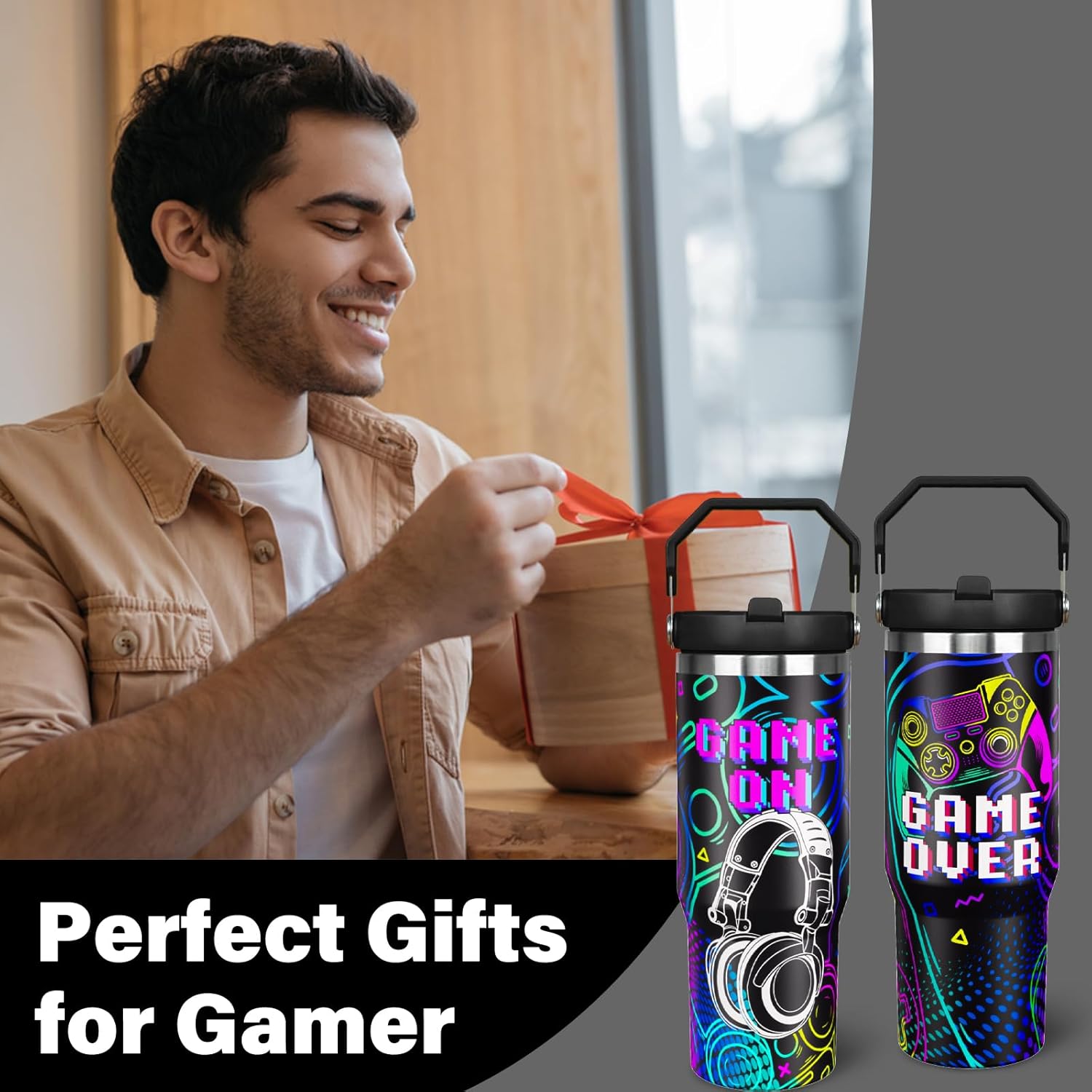 Game Tumbler with Handle, 30oz Gamer Water Bottle Cup with Lid and Straw, Gaming Travel Coffee Mugs, Birthday Gifts for Game Lover