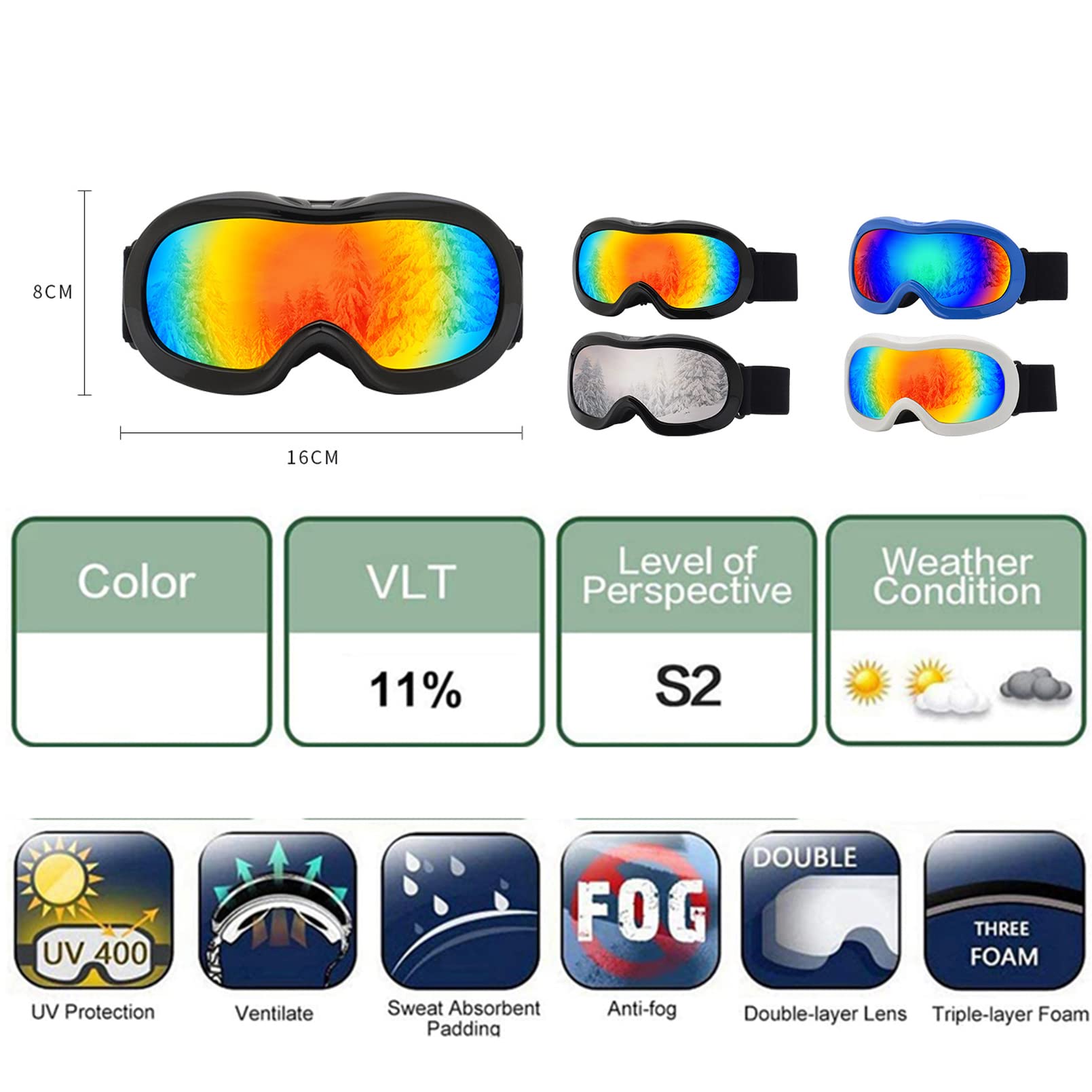 Lunettes de Ski pour Enfants de 3 à 12 Ans, Double lentille Haute définition Disponible pour la myopie, Protection 100% UV400, Coupe-Vent et antibuée, Peuvent être utilisées pour Faire du vélo,
