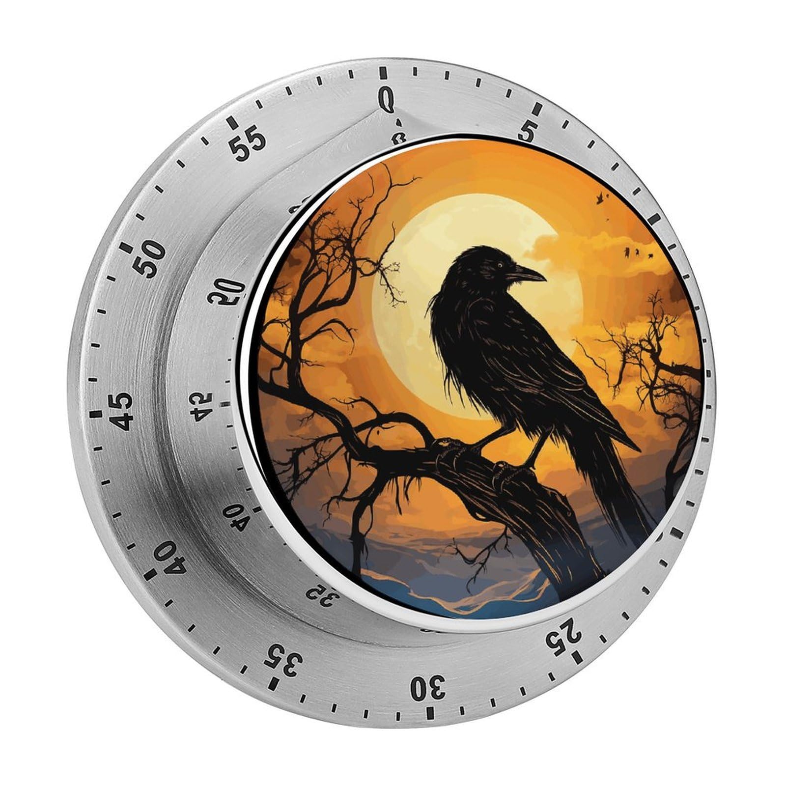Mechanical Kitchen Timer with Magnetic Back, Stainless Steel Manual Crow Printed Timer for Cooking and Time Management