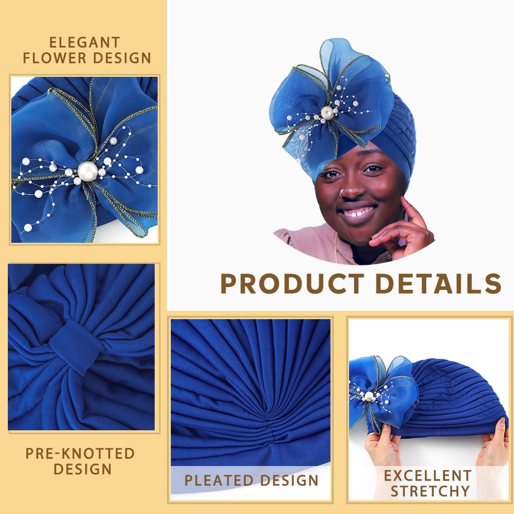 Bohend Big Flower Knotted Headwrap Cap Pearl Beads Pre Tied Turbans Beanie Bow Knot Bonnet Ruffle Stretch Headscarf Hat Women - Image 3