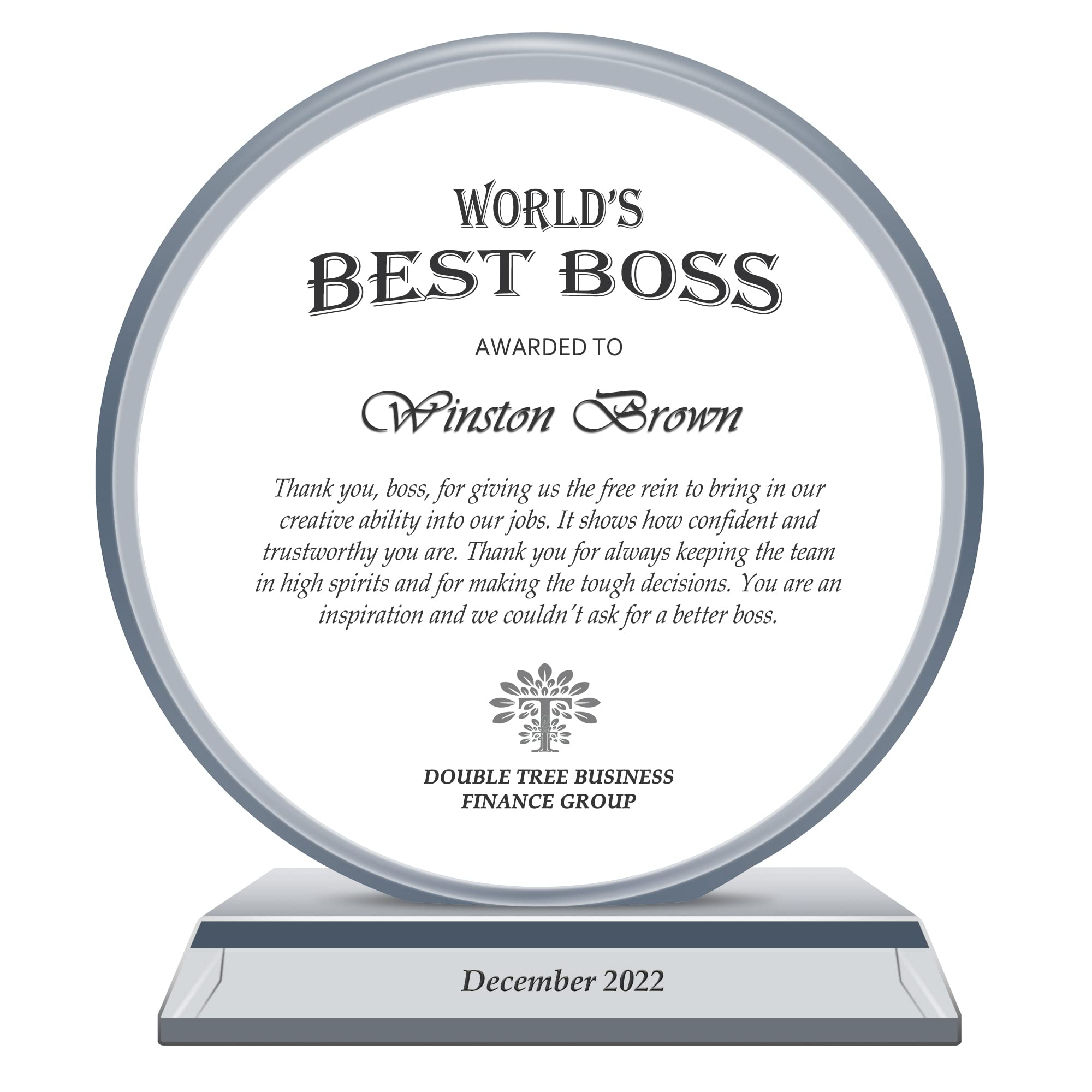 Personalized Boss Appreciation Gift Plaque for Retirement Birthday Church Teachers, Unique K33 Crystal Clear Circle Award with Customized Name and Appreciation Message