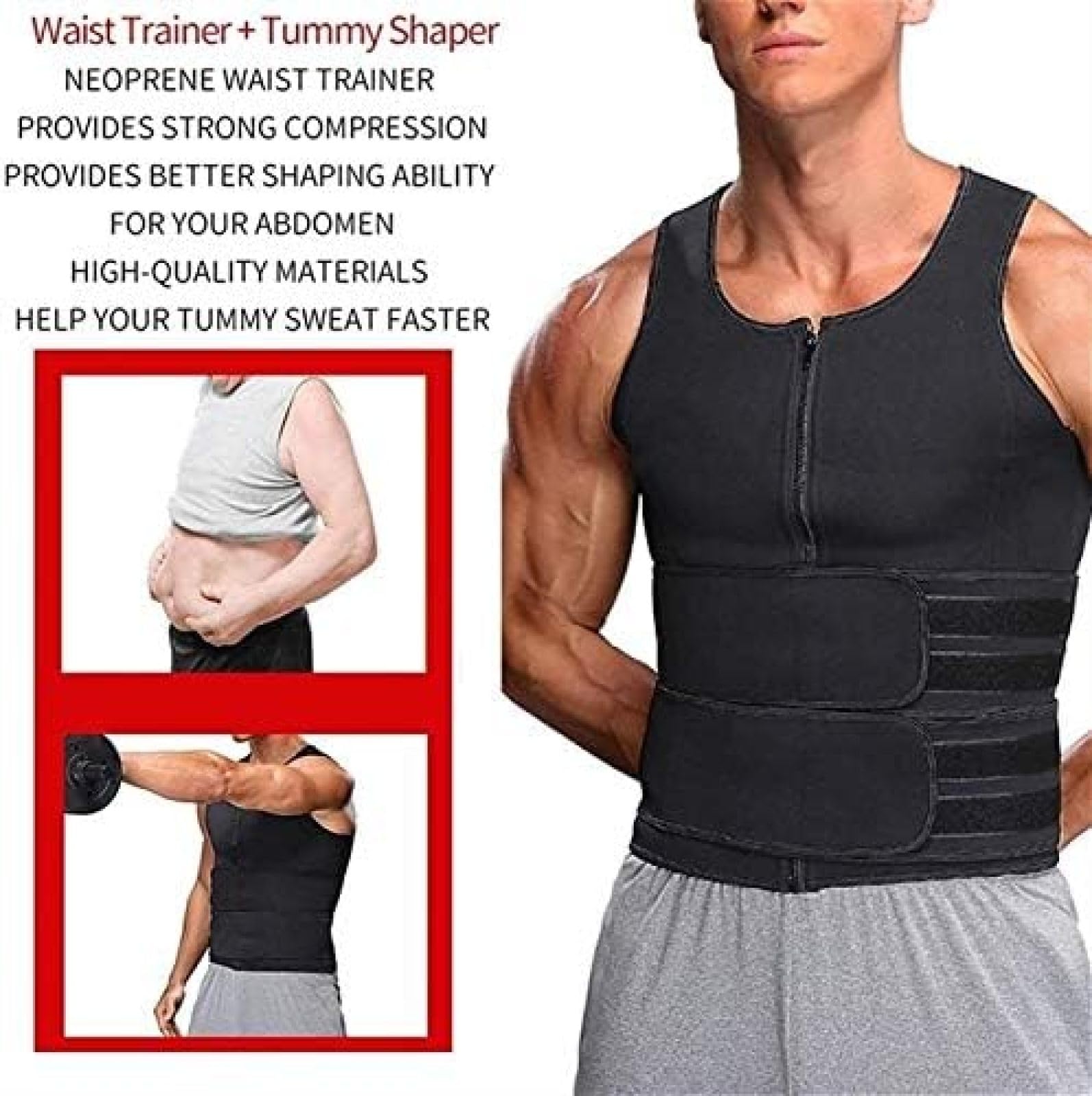 Herren Body Shaper Bauchweg-Weste Mit Taillentrainer-Gürtel, Neopren-Bauch-Shapewear, Tank-Top, Bauchgürtel Für Männer, Sauna-Schweißgürtel,Schwarz,3XL,YUYANAIAI