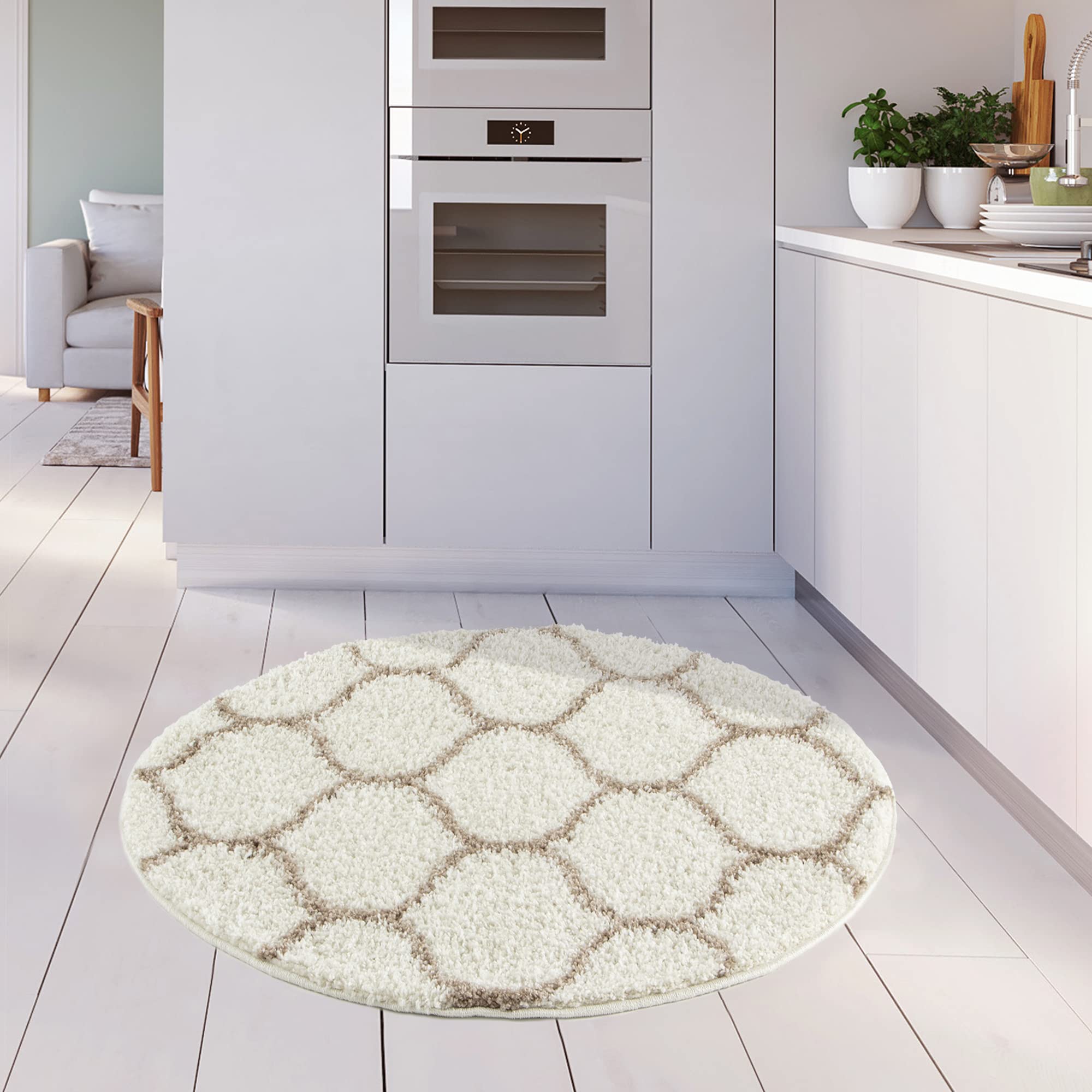 THE RUGS Shaggy Rug, Modern Moroccan Design Rugs for Living Room Bedroom, Hallway, 3 cm Thick Area Rugs, (Trellis Ivory/Beige - Image 3
