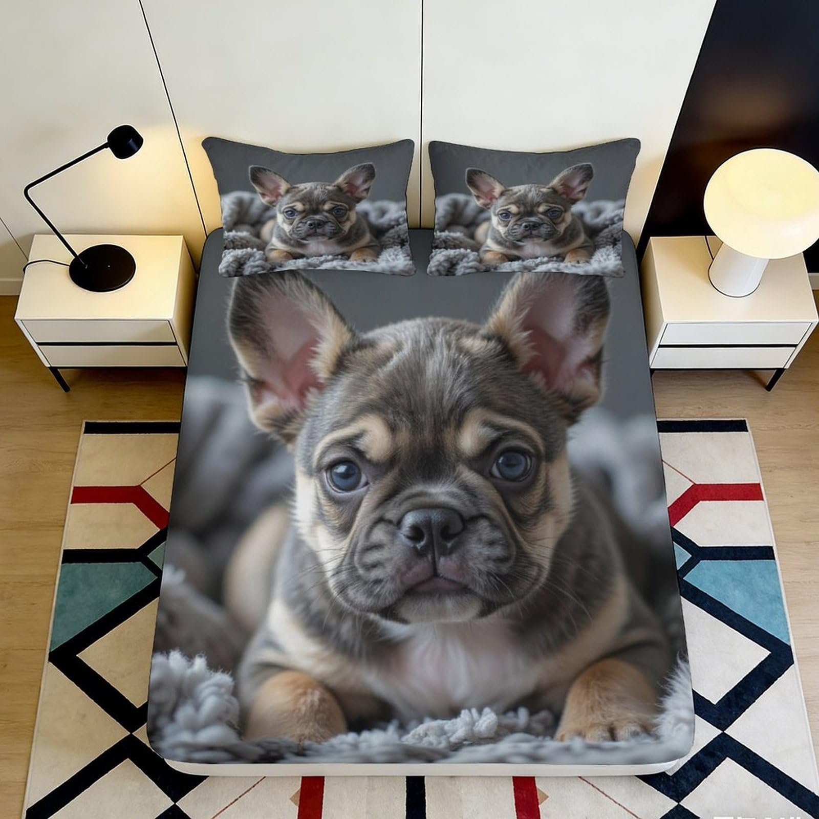 3D Printed French Bulldog Fitted Sheet Microfiber Soft Breathable Puppy Bed Sheet Mattress Cover for Bedroom Dormitory Guest Room Mattress Protection Decor 180x200x25cm