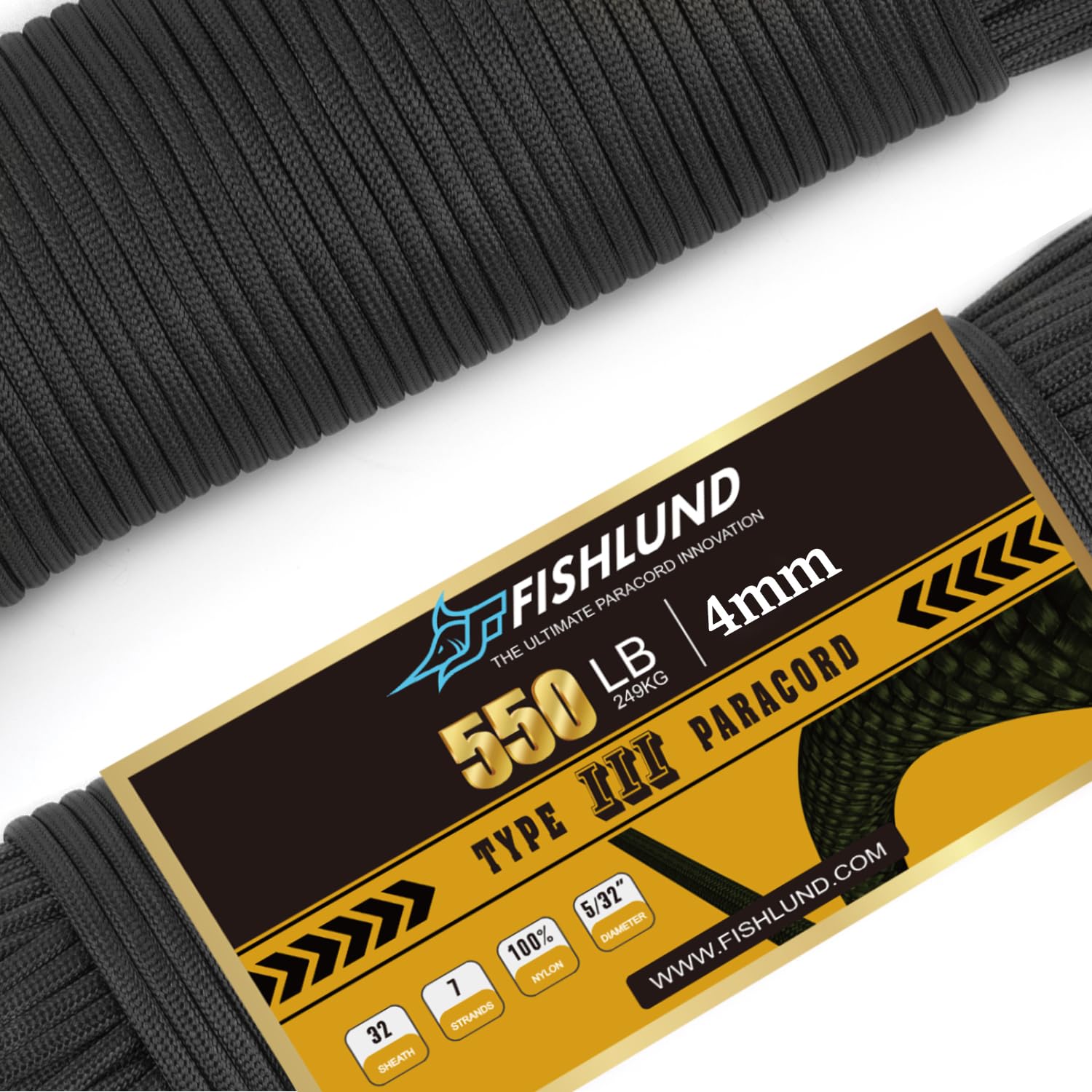 FISHLUND Paracord 550 lb, 7 Strand Paracord Rope 250ft 4mm, Nylon Parachute Cord for Camping, Black