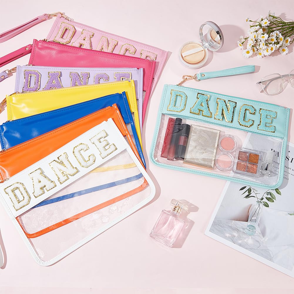 ORIGACH Lot de 8 trousses de maquillage en chenille avec patchs en forme de lettre - 8 couleurs - Étanche - En PVC - Organisateur de maquillage - Pochette de rangement plate et transparente - Avec