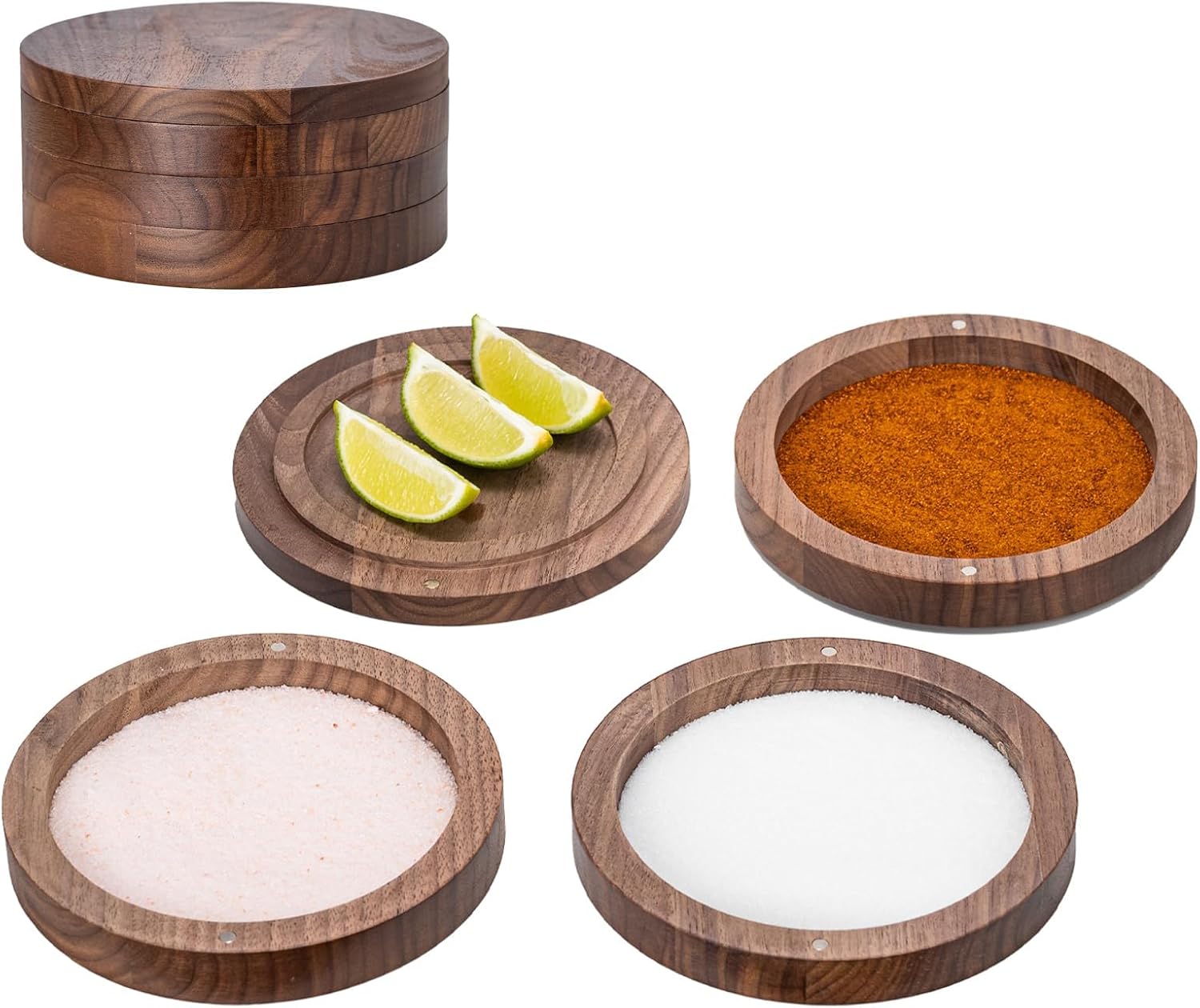 4-Tier Bamboo Margarita Salt Rimmer Set,Salt&Sugar Rimmer for Cocktails Drinks,Cocktail Glass Rimmer Tools with Magnetic Swivel Lid for Bartenders,Home Bar,Parties