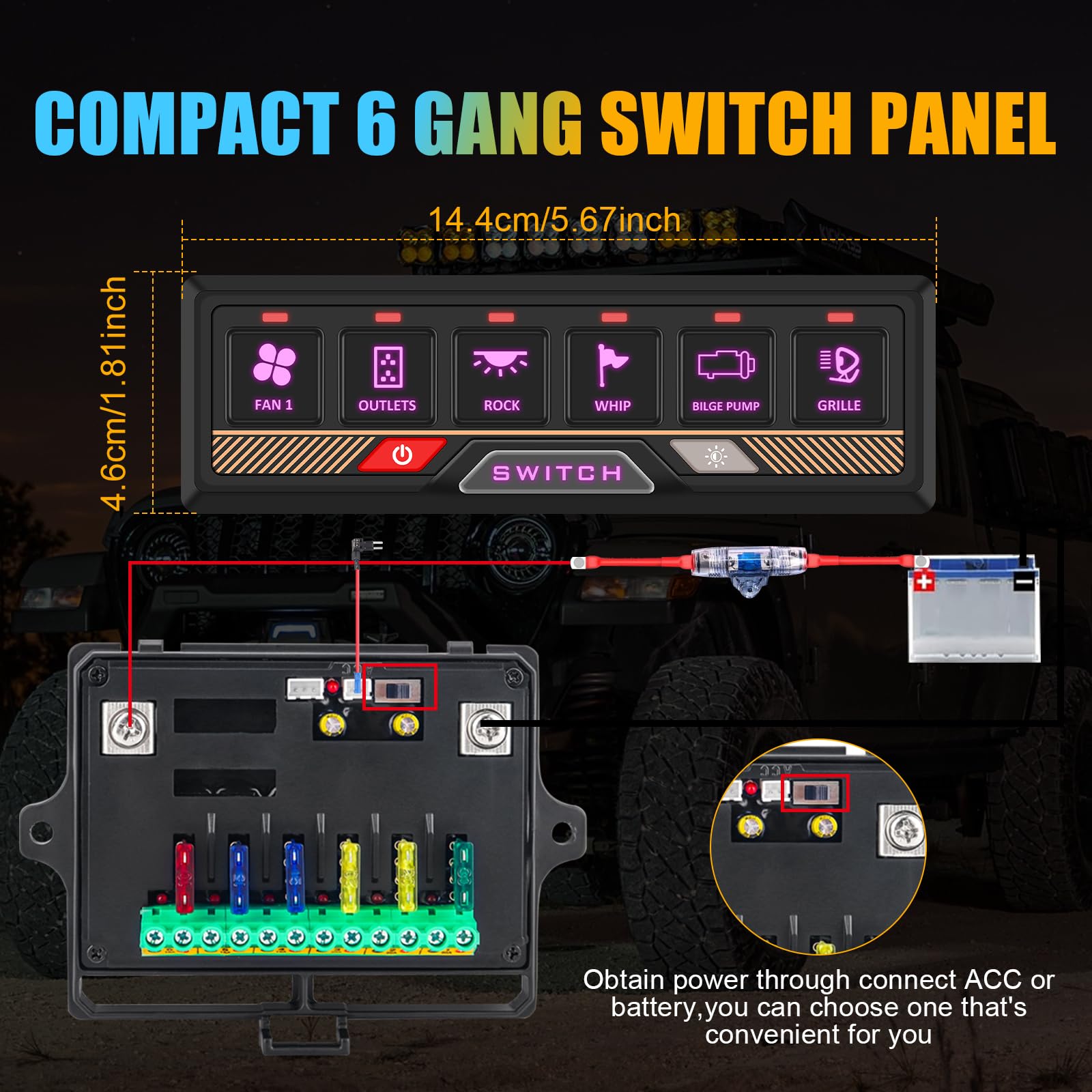 Chelhead 12 V/24 V Pannello di controllo RGB 6 posizioni dimmerabili multifunzione programmabile accessori controllo batteria impermeabile, compatibile con camion, barca, SUV, camper, rimorchio marino