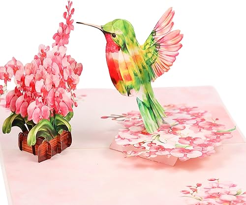 Tarjetas de cumpleaños desplegables con diseño de flor de orquídea de colibrí, tarjeta 3D del día de la madre para mujeres, mamá, esposa, hija,