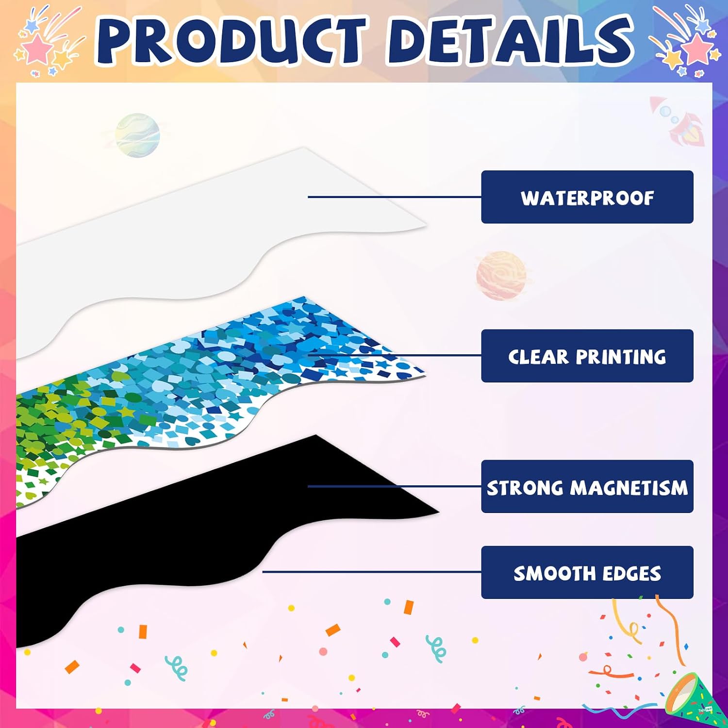 24Pcs Confetti Magnetic Bulletin Board Borders for Classroom Decorations Whiteboard Strips Colorful Scalloped Trim Magnetic Borders for Back to School Teacher Supplies Office Door Chalkboard Decor