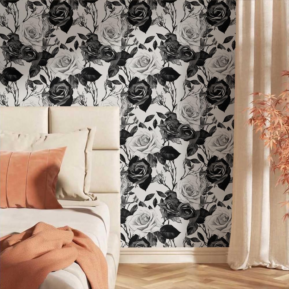 18"x236" Black and White Vintage Roses Floral Peel and Stick Self Adhesive Wallpaper Removable Contact Paper Stick on Easy Peel Off Wall Paper for Kitchen Bedroom Bathroom Renter