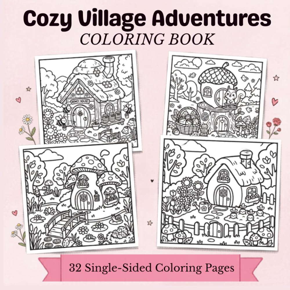 Cozy Village Adventures: A Cute and Relaxing Coloring Book for All Ages: 32 Charming Illustrations of Animal Homes, Whimsical Cottages and Nature Scenes