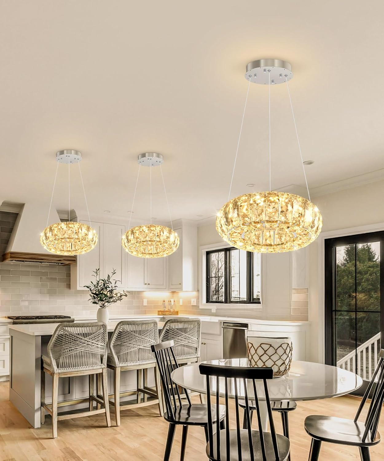 8" Modern Crystal Chandelier Dimmable Ring Pendant Light Round Crystal Chandeliers for Living Room Dining Room Bedroom Silver