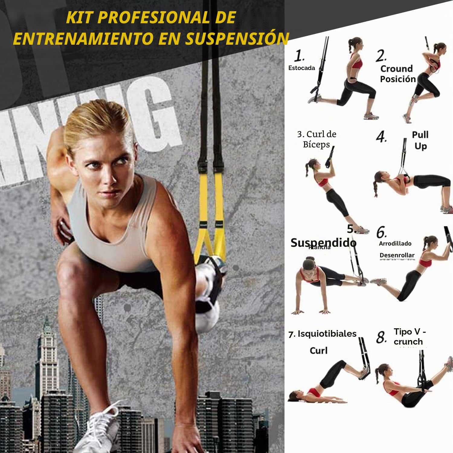 Equipo de entrenamiento de suspensión para gimnasio en casa, negro, metal, estilo exterior, con correas de extensión y anclaje de puerta