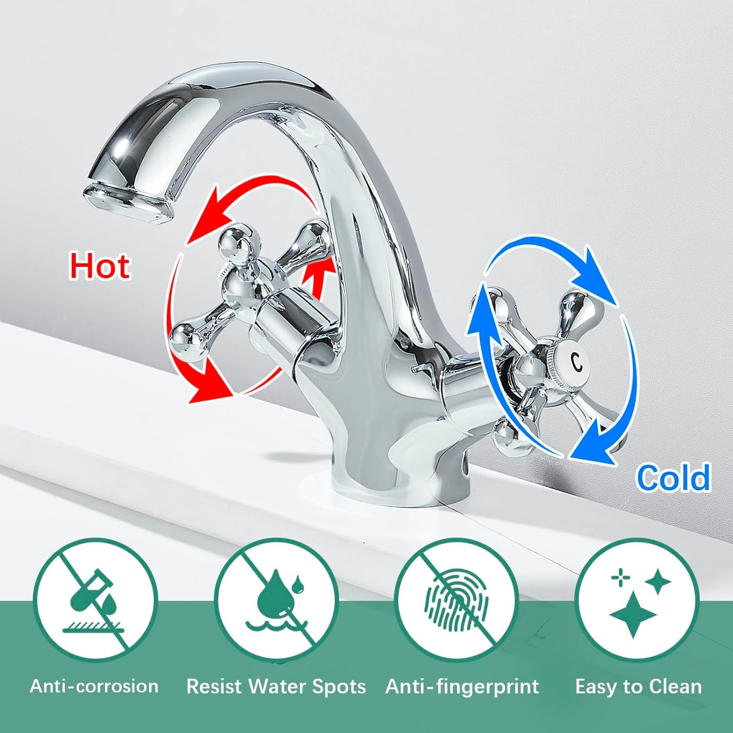 Grifo monomando para lavabo, grifo monomando para lavabo, cromado, monofónico, victoriano, doble mango, grifo mezclador con desagüe desplegable y mangueras del Reino Unido