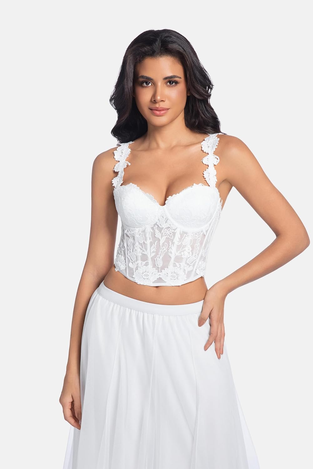 White Lace Corset Top Women - Deep Skin Tone 3D Applique Mesh Bustier Top