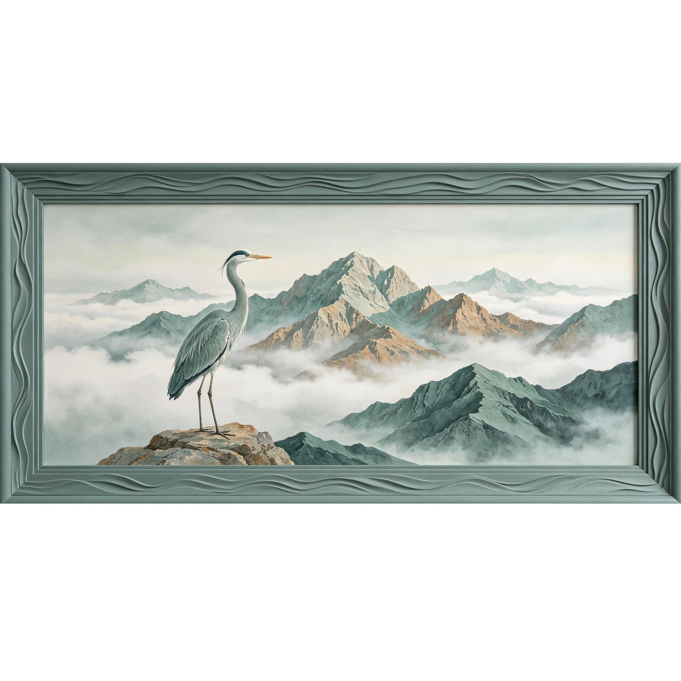 Agglomerix 3D Framed Wall Art Heron Mountain Lake Landscape Contemporary Oil Painting Large Size SelfAdhesive Removable Wall Decor Prints Artwork for Living Room Bedroom Office