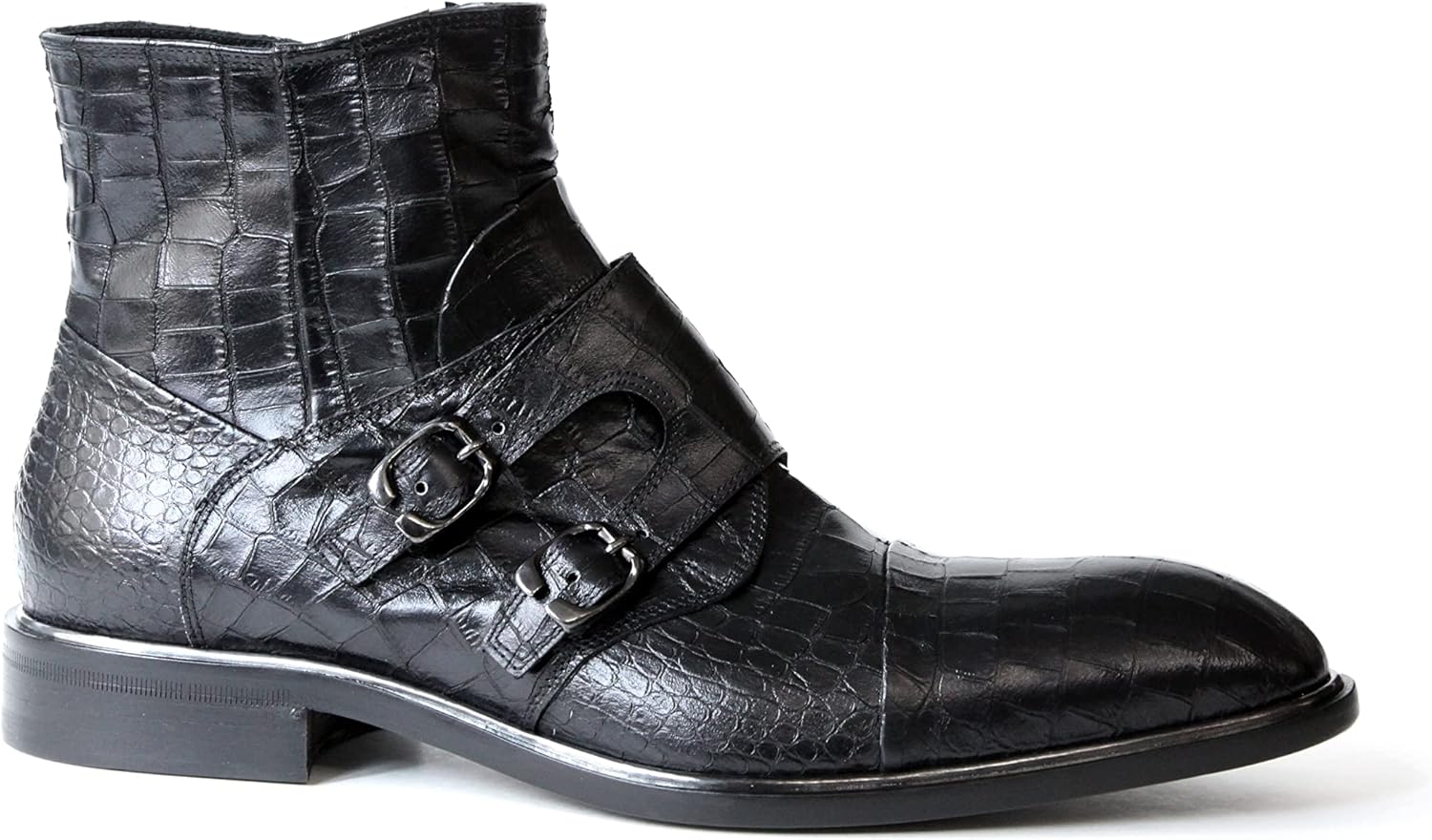 Jo Ghost 2994 Italian Black Croco Print Leather Boot With 2 Buckles/Zipper