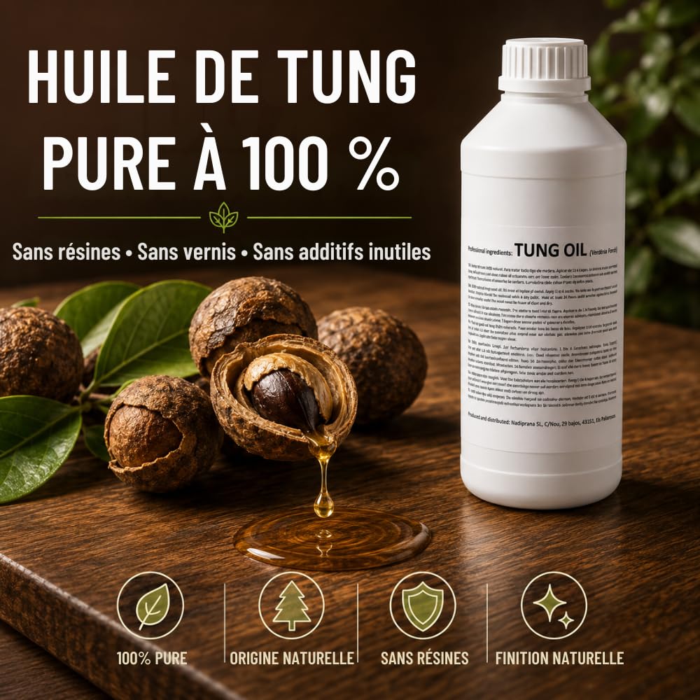 1 litre Huile de tung 100% pure | Entretien naturel du bois intérieur et extérieur | Il n'altère pas la couleur en laissant une couche imperméable très résistante. - Snadi
